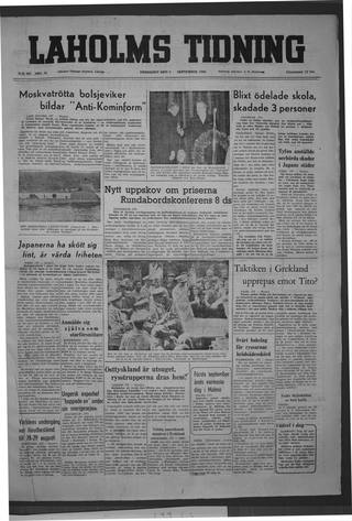 Förstasidan, Fredag 2 september 1949