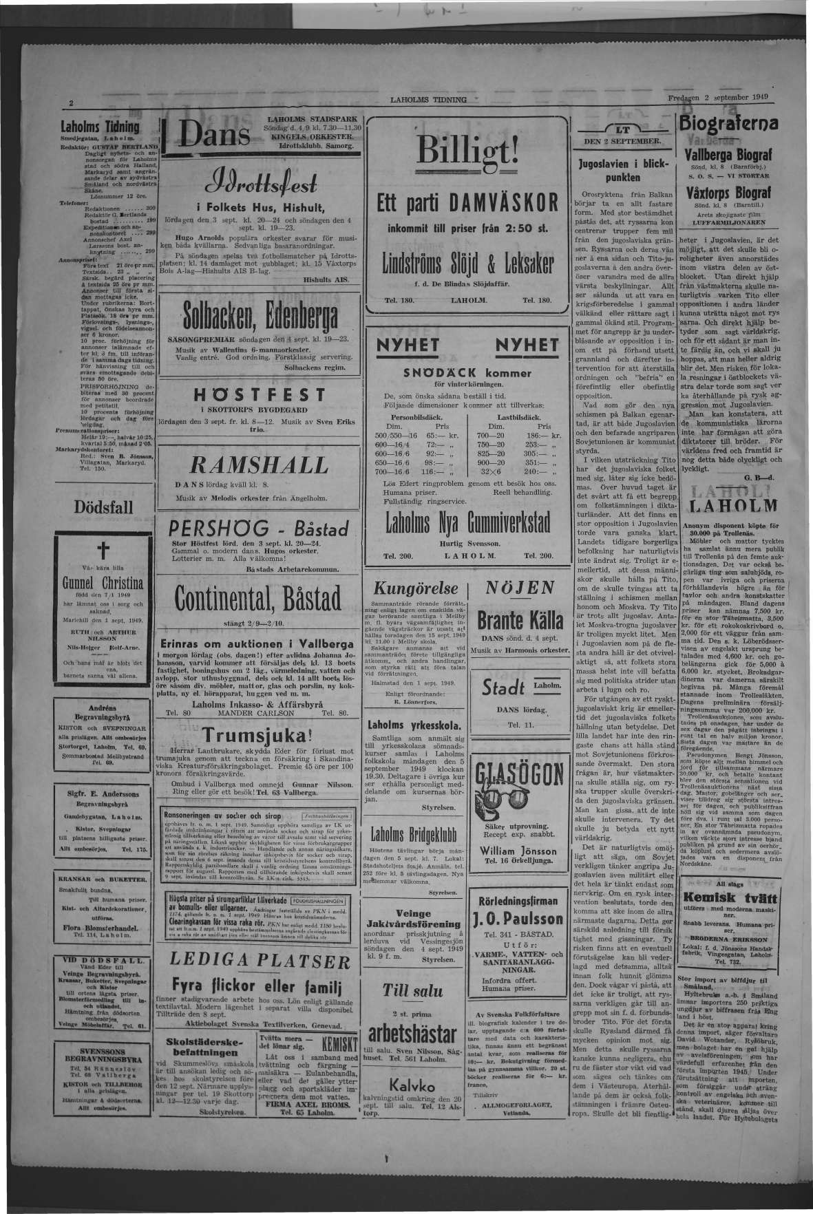 Laholms Tidning Fredag 2 september 1949, sida 2