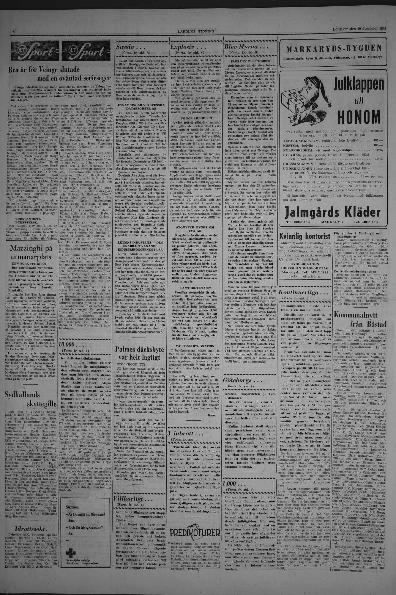 Laholms Tidning Lördag 10 december 1966, sida 6