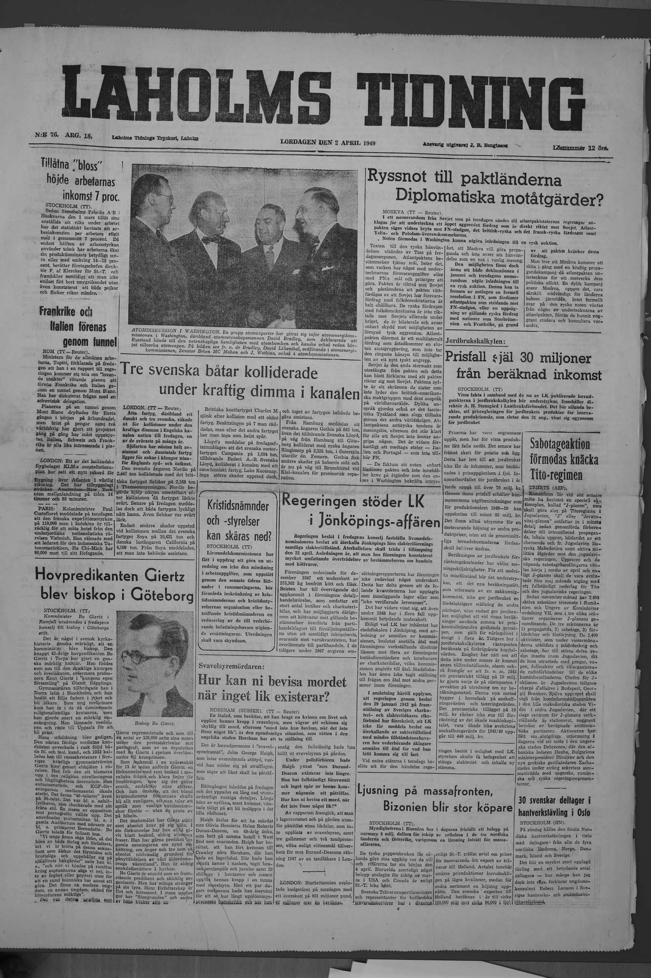 Laholms Tidning Lördag 2 april 1949, sida 1