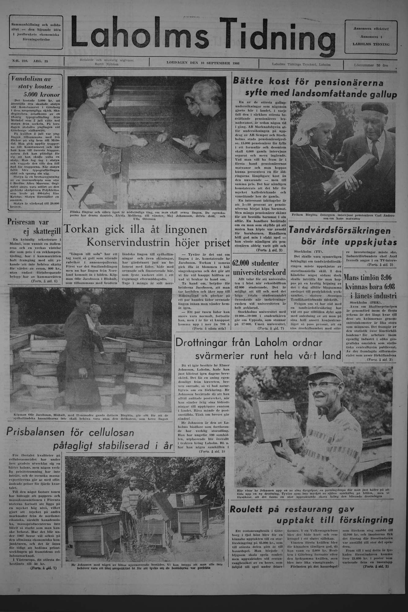 Laholms Tidning Lördag 10 september 1966, sida 1