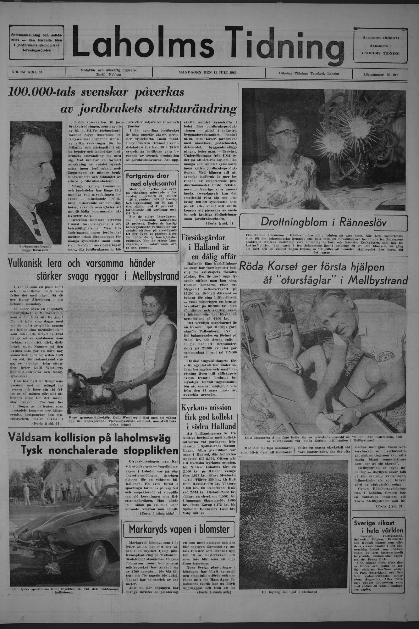 Laholms Tidning Måndag 11 juli 1966, sida 1