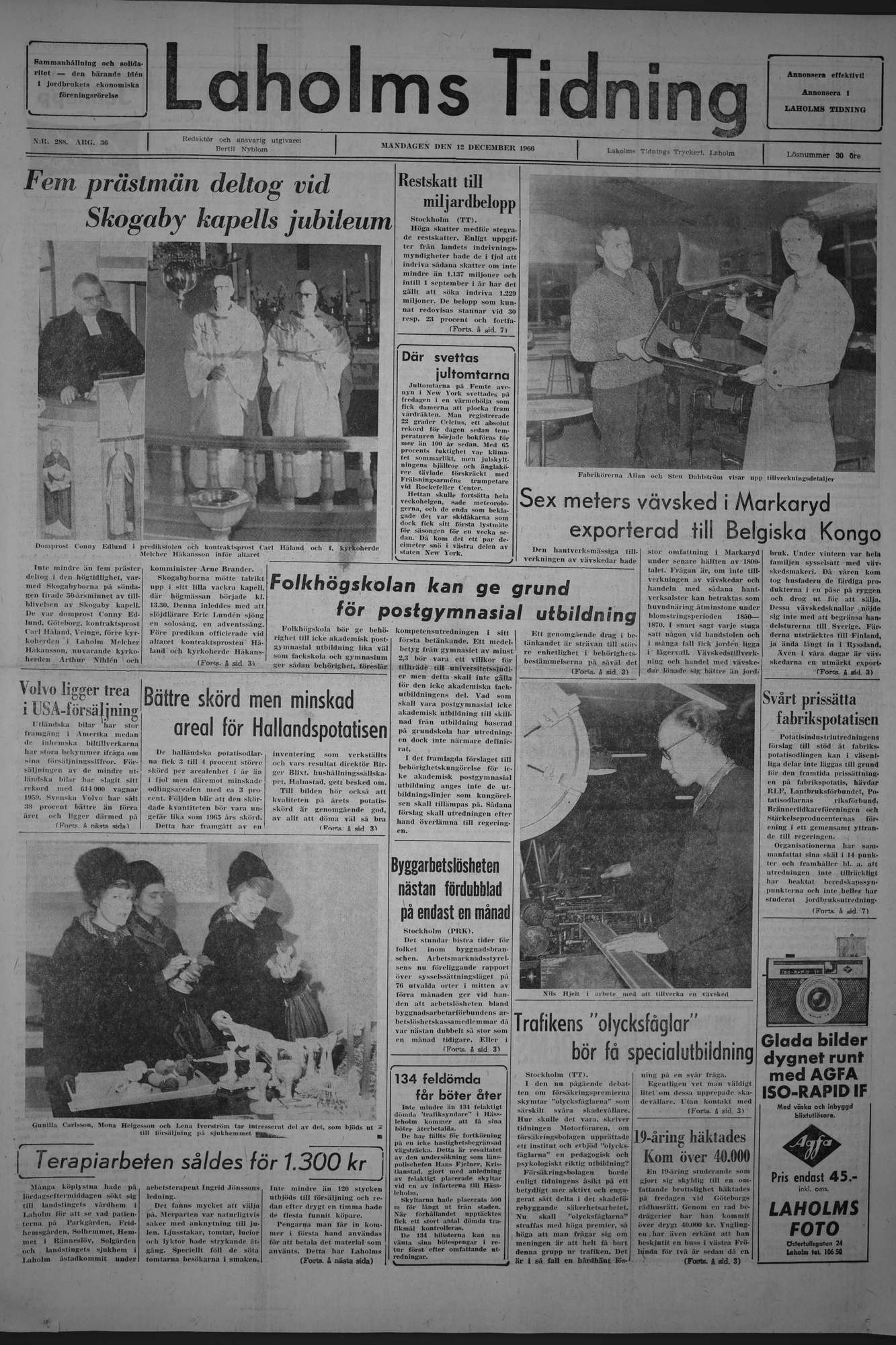 Laholms Tidning Måndag 12 december 1966, sida 1