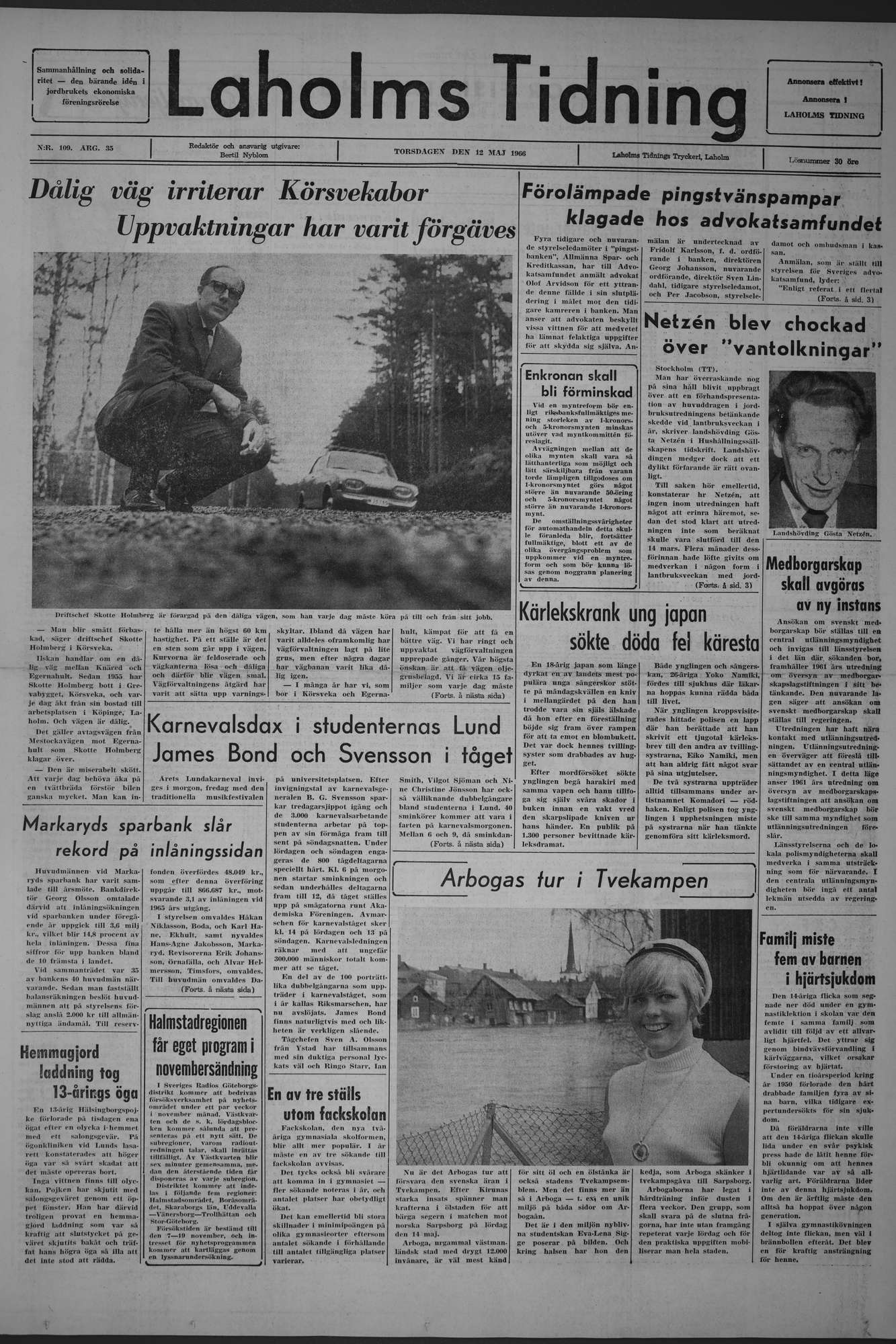 Laholms Tidning Torsdag 12 maj 1966, sida 1