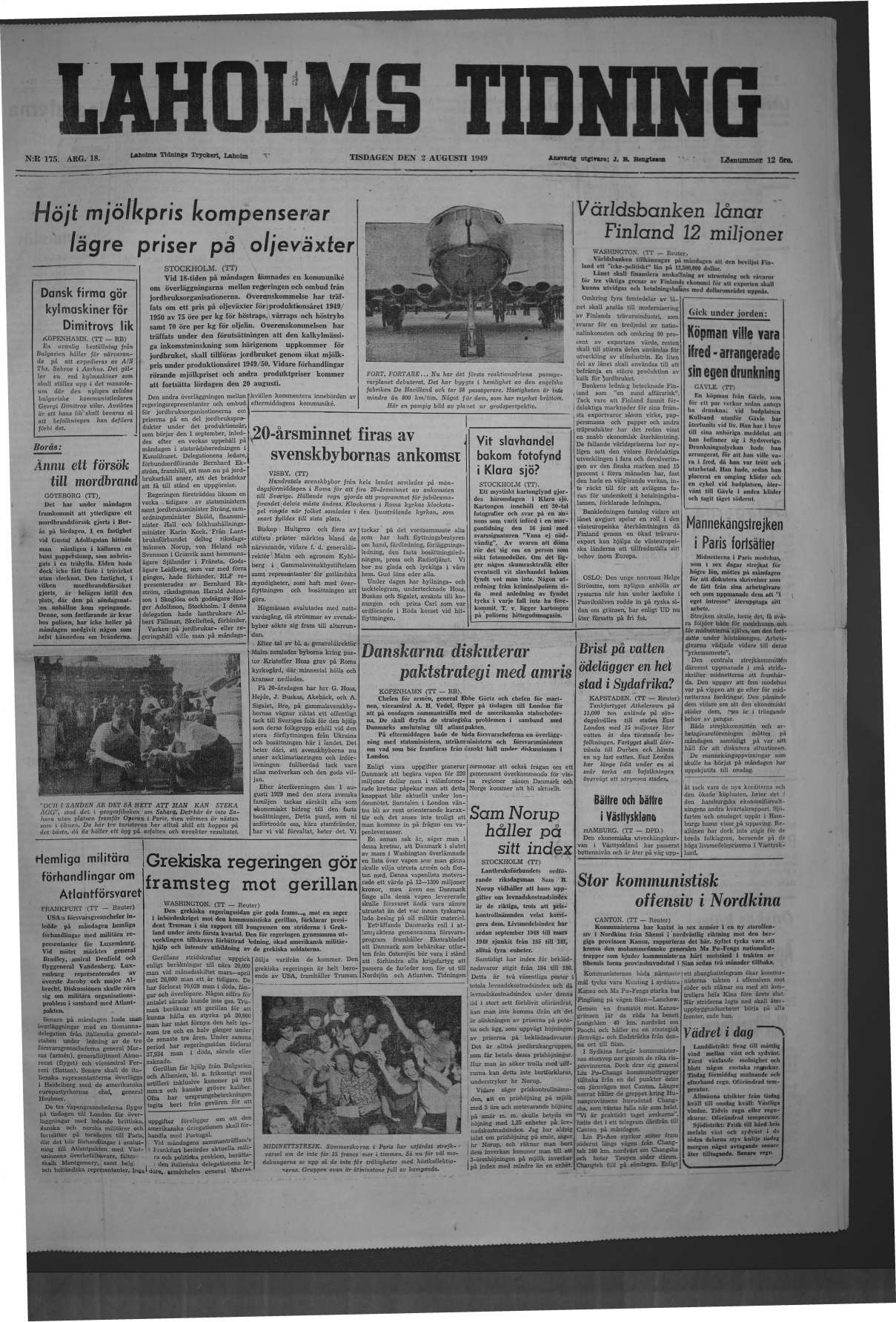 Laholms Tidning Tisdag 2 augusti 1949, sida 1