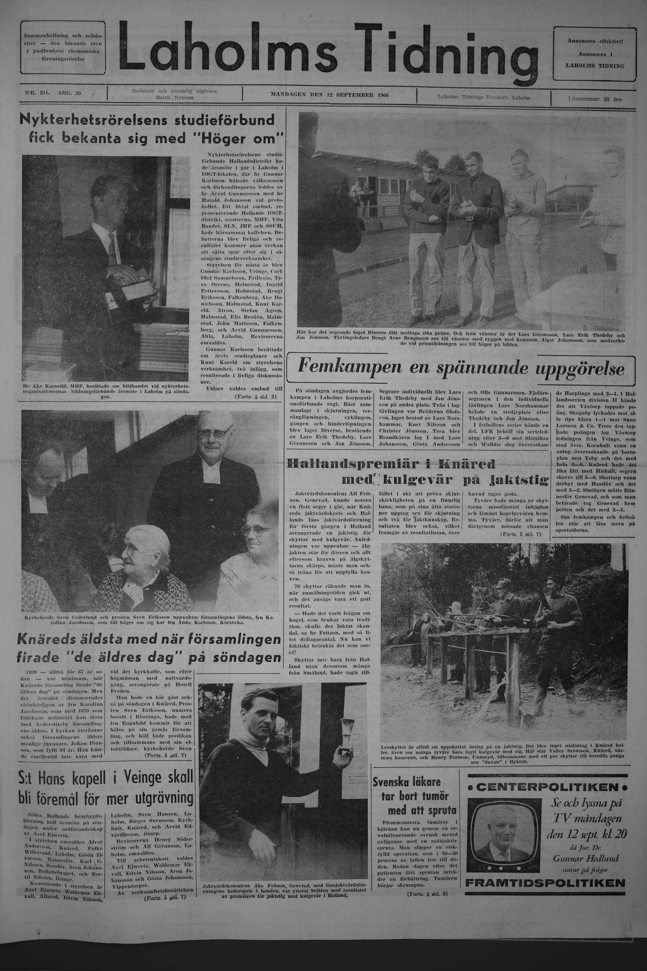 Laholms Tidning Måndag 12 september 1966, sida 1