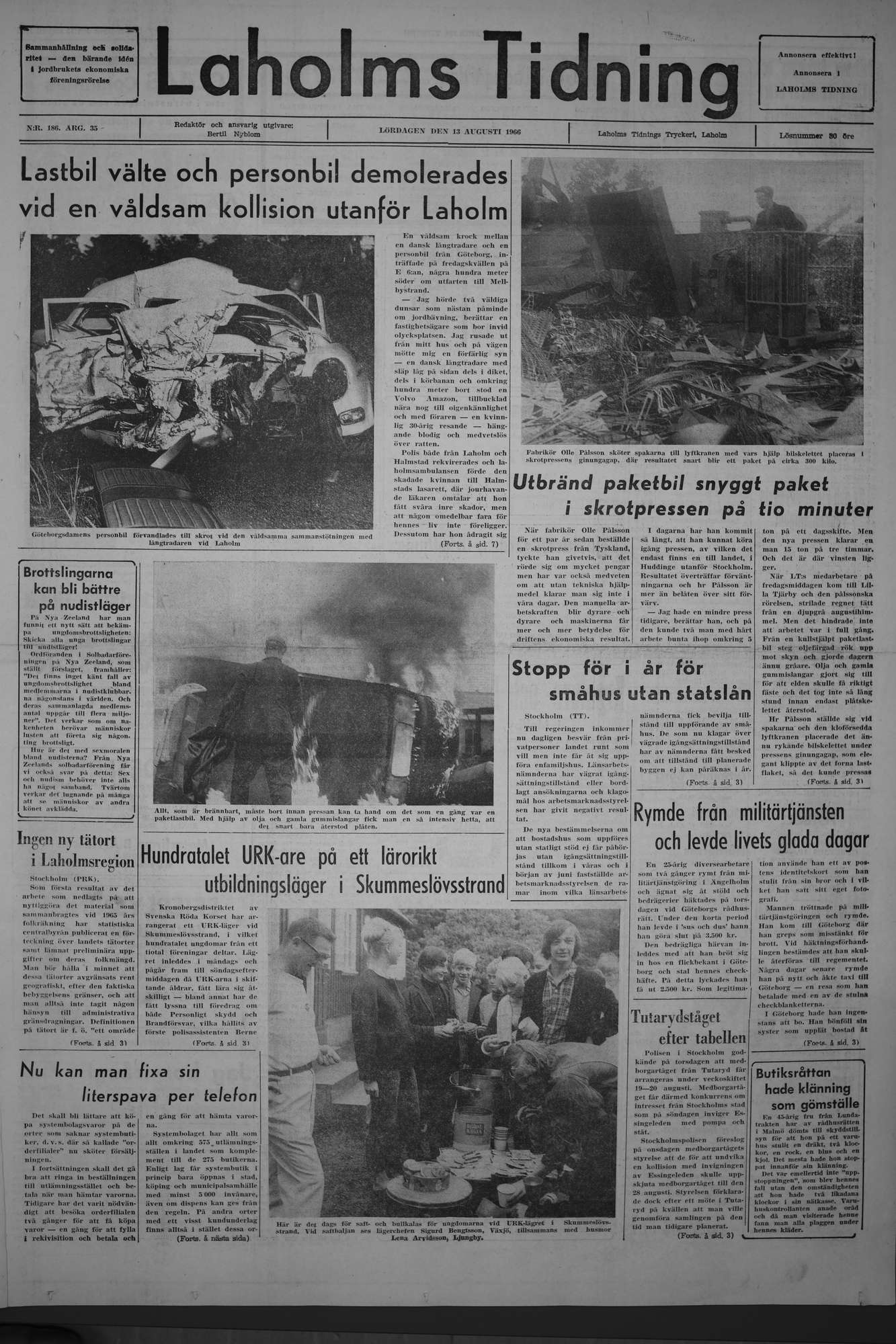 Laholms Tidning Lördag 13 augusti 1966, sida 1