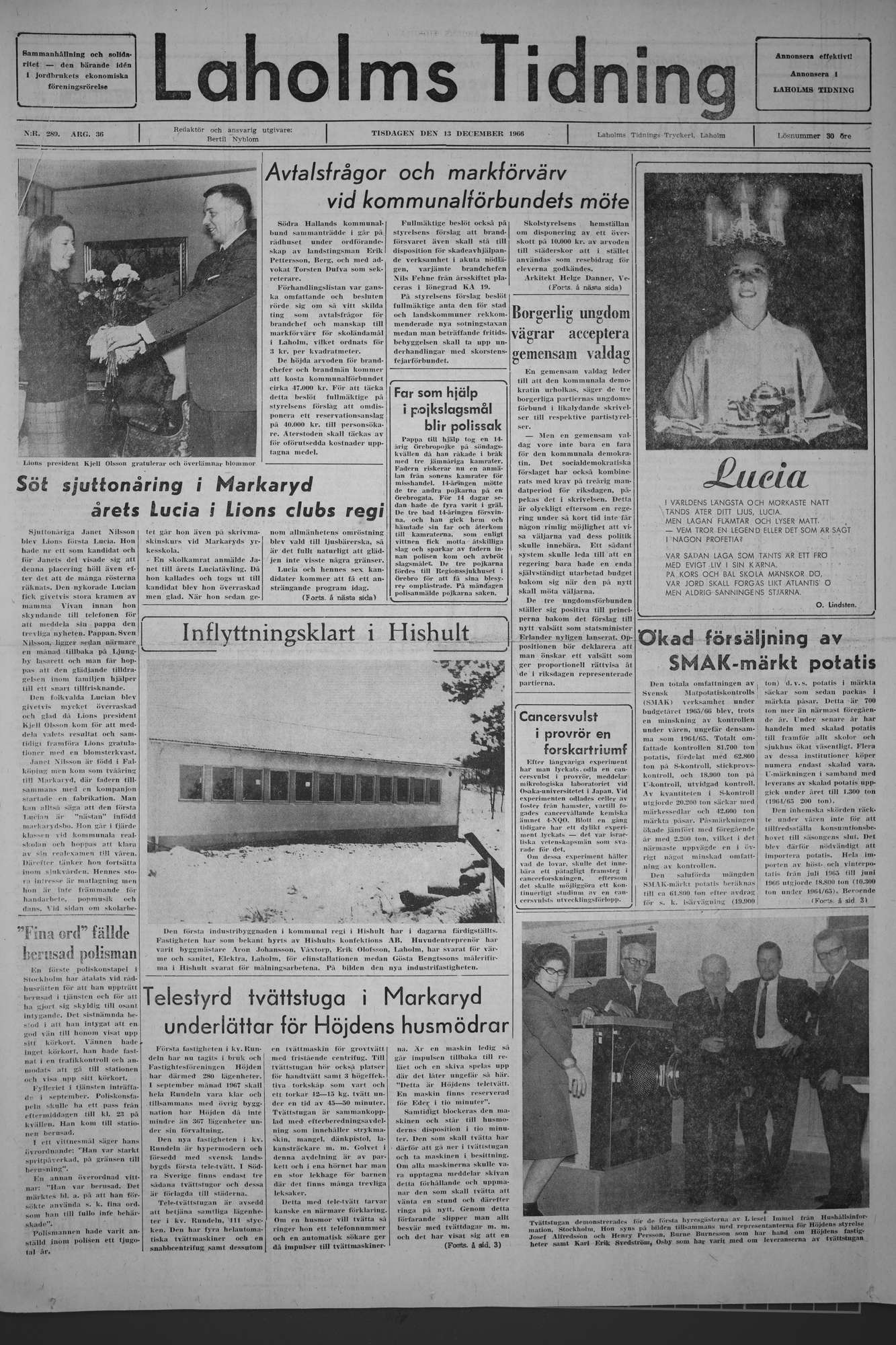 Laholms Tidning Tisdag 13 december 1966, sida 1