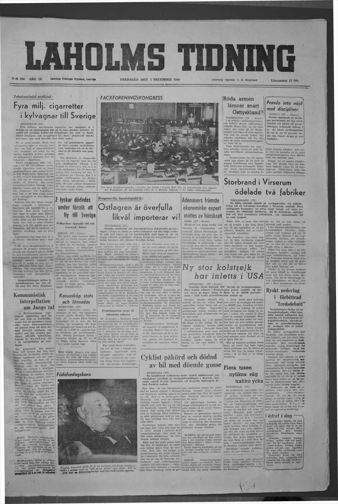 Laholms Tidning Fredag 2 december 1949, sida 1