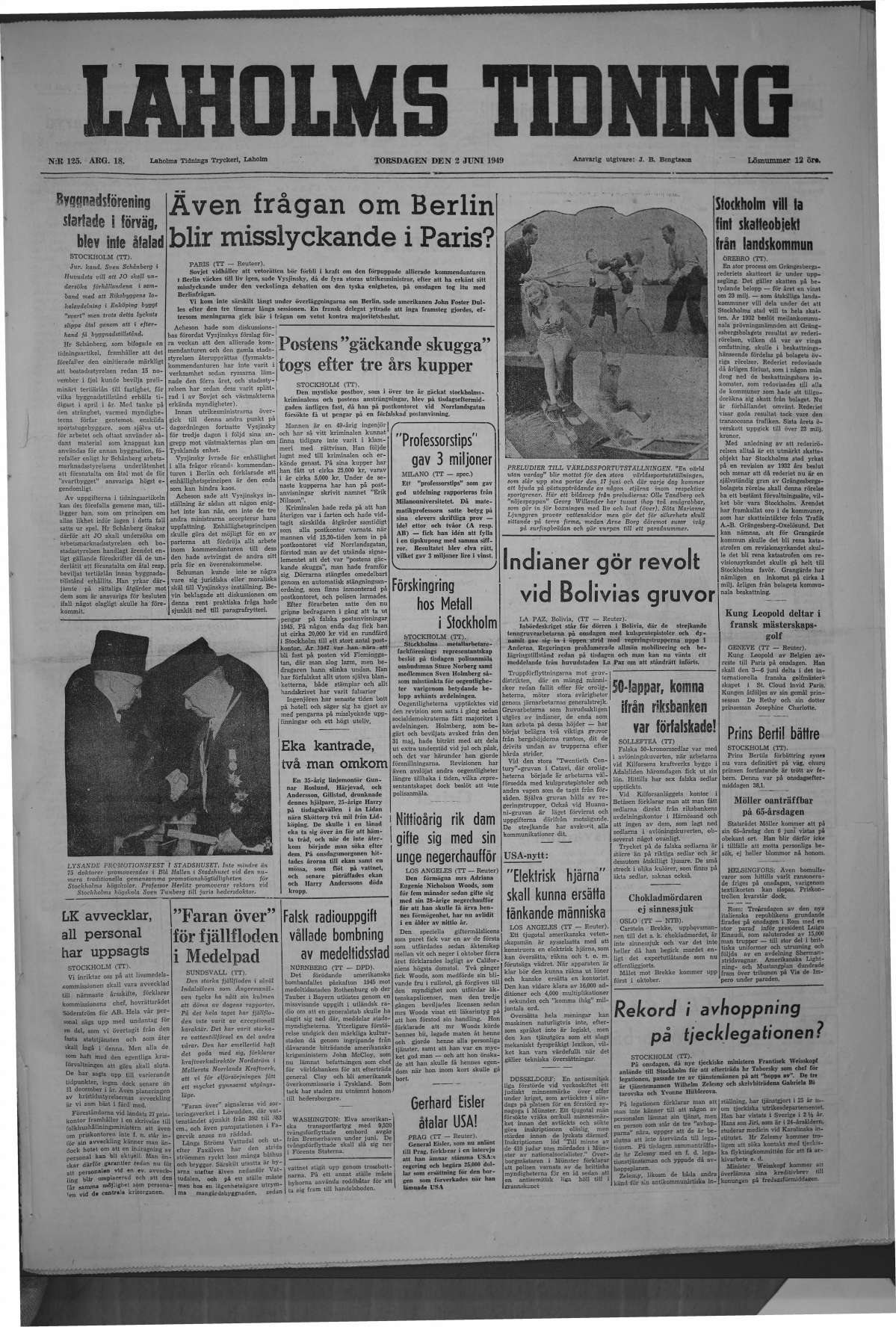 Laholms Tidning Torsdag 2 juni 1949, sida 1