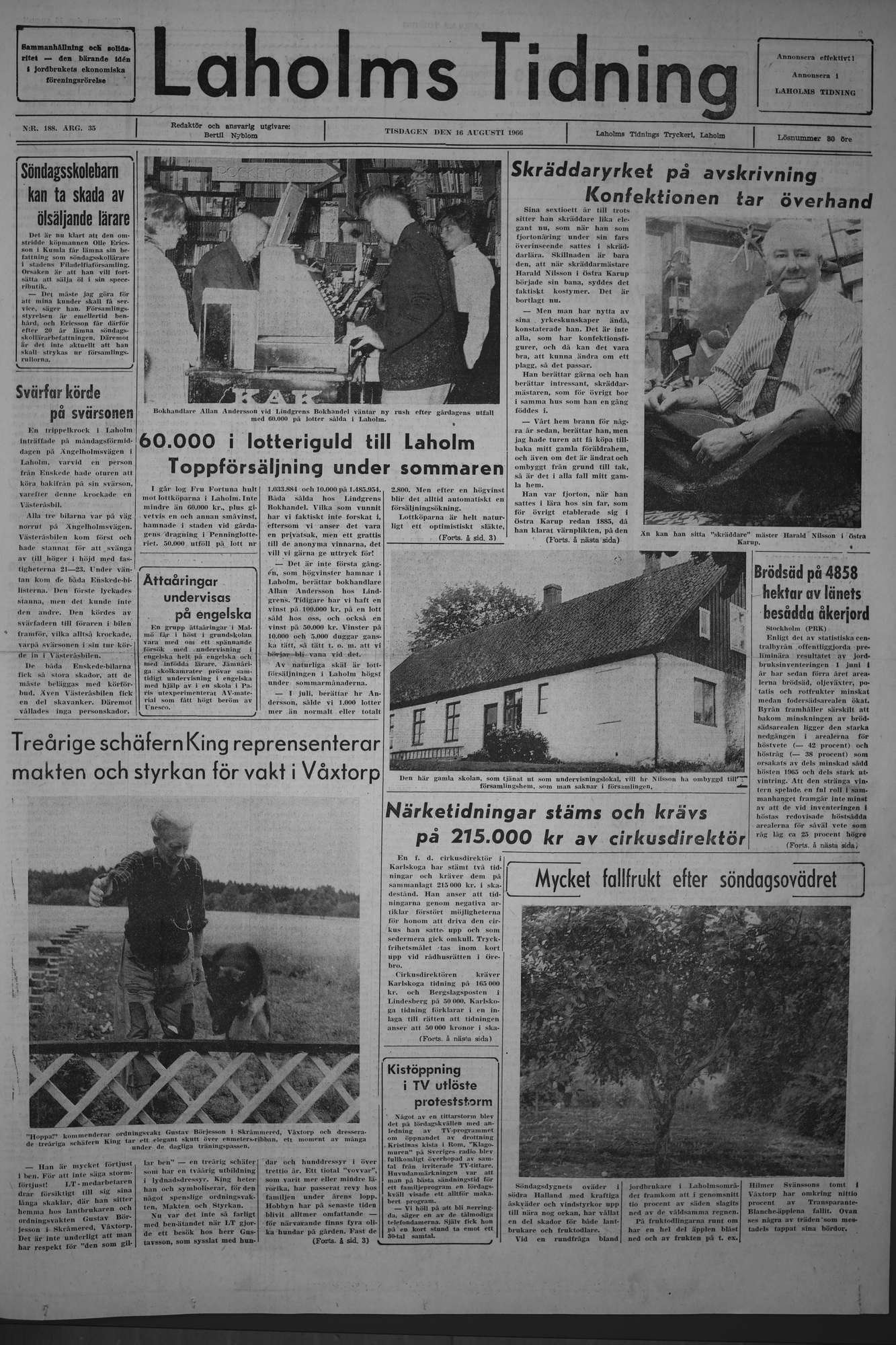 Laholms Tidning Tisdag 16 augusti 1966, sida 1
