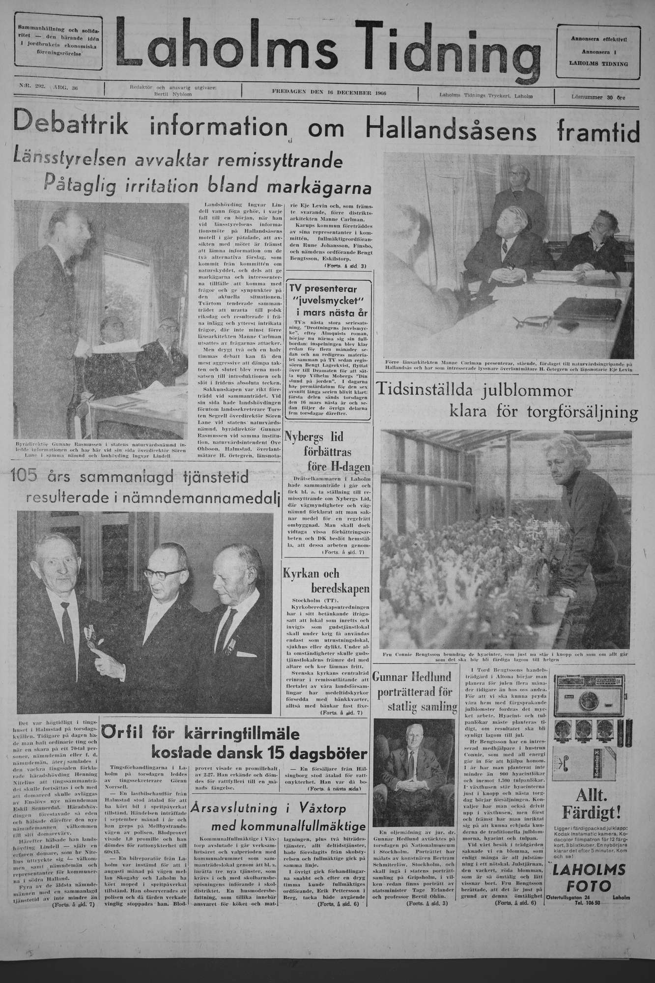 Laholms Tidning Fredag 16 december 1966, sida 1