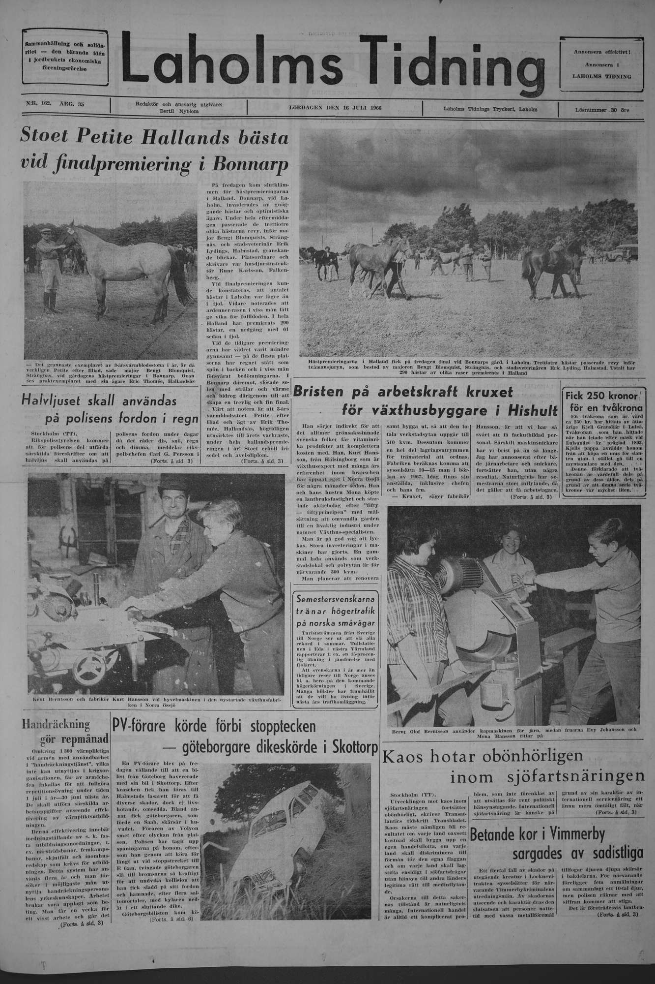 Laholms Tidning Lördag 16 juli 1966, sida 1