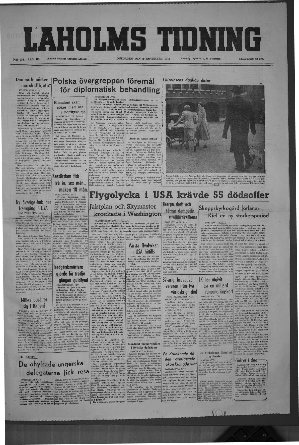 Laholms Tidning Onsdag 2 november 1949, sida 1