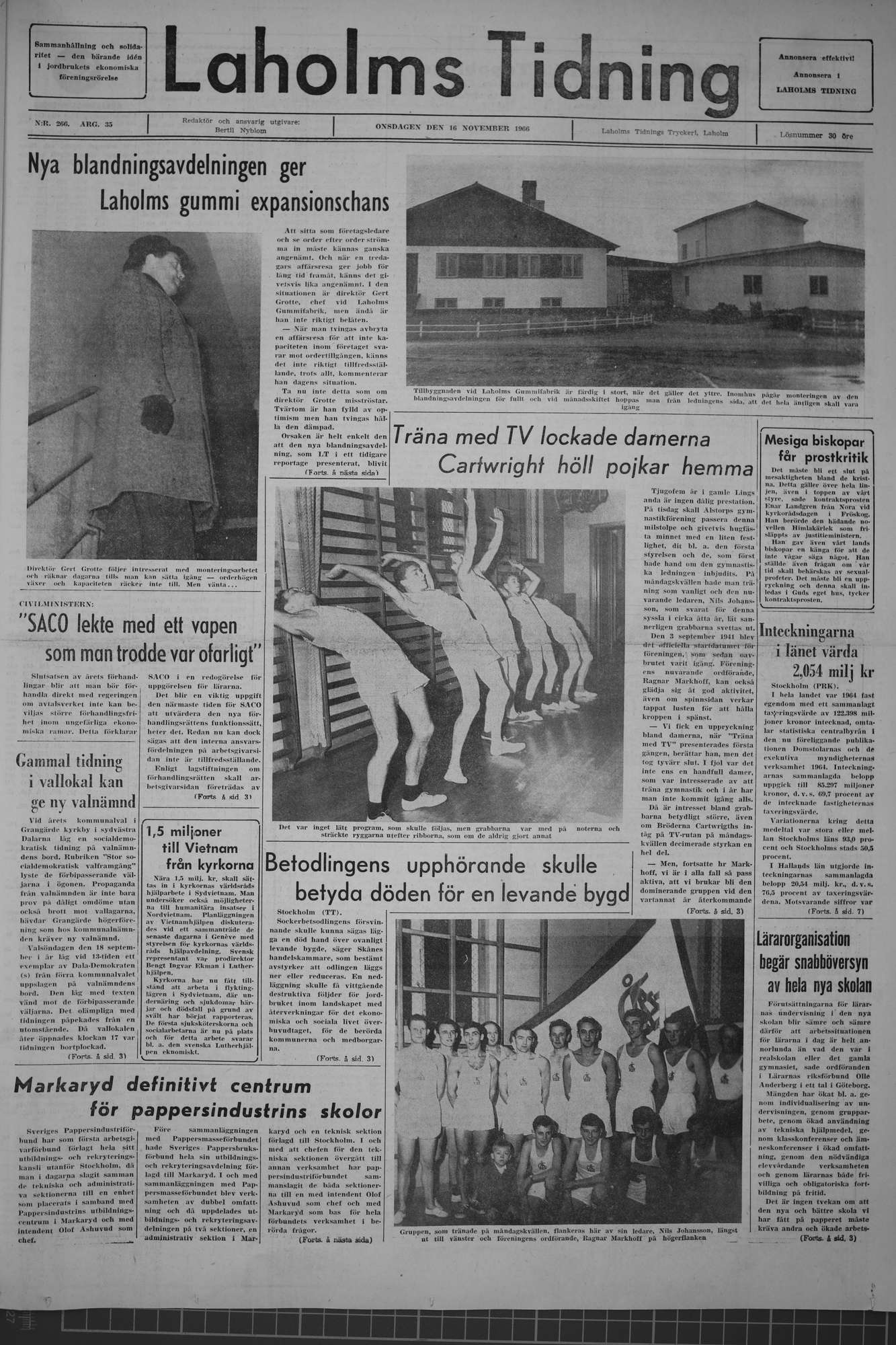 Laholms Tidning Onsdag 16 november 1966, sida 1