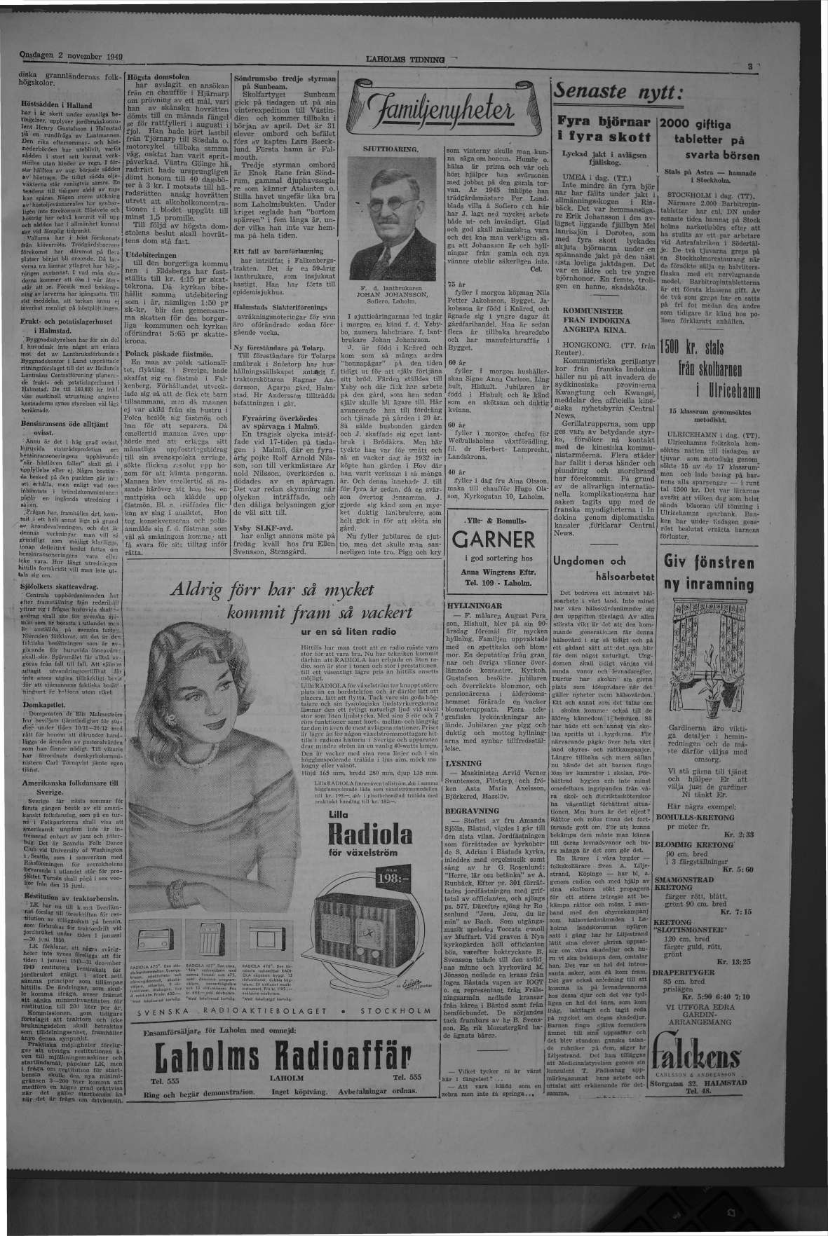 Laholms Tidning Onsdag 2 november 1949, sida 3
