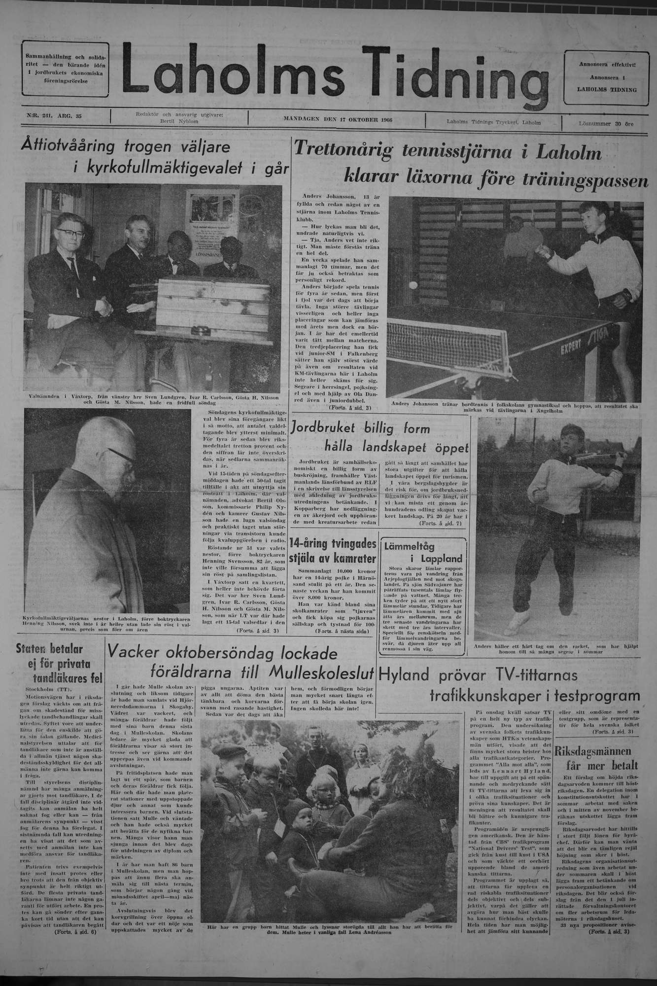 Laholms Tidning Måndag 17 oktober 1966, sida 1
