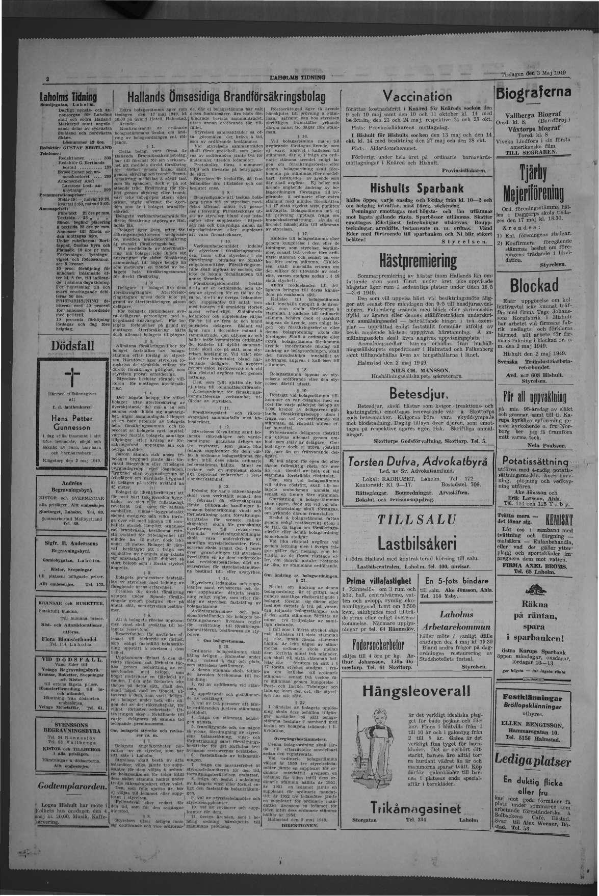 Laholms Tidning Tisdag 3 maj 1949, sida 2