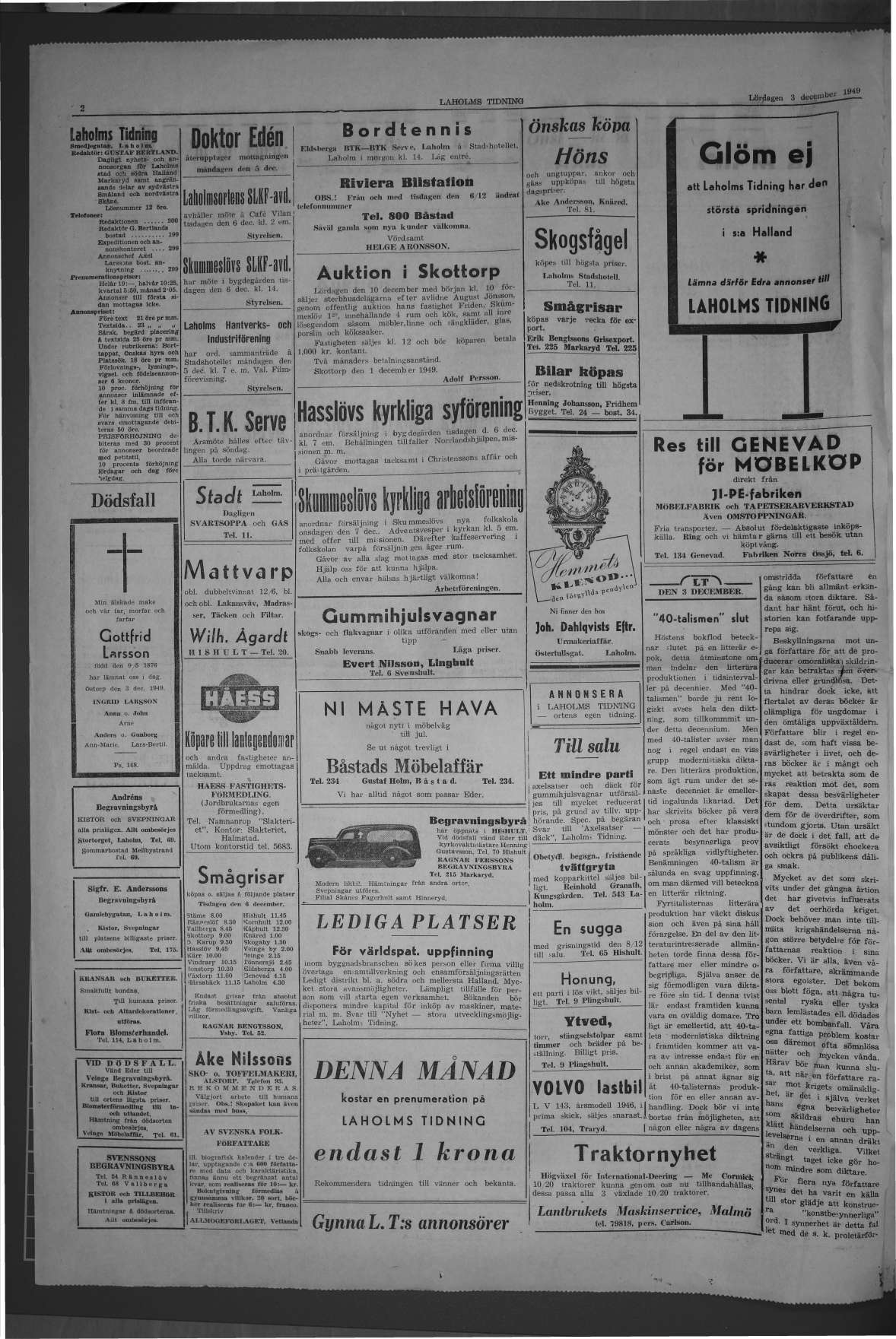 Laholms Tidning Lördag 3 december 1949, sida 2
