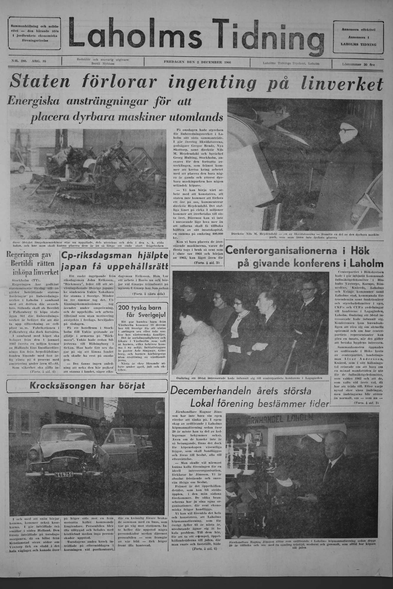 Laholms Tidning Fredag 2 december 1966, sida 1