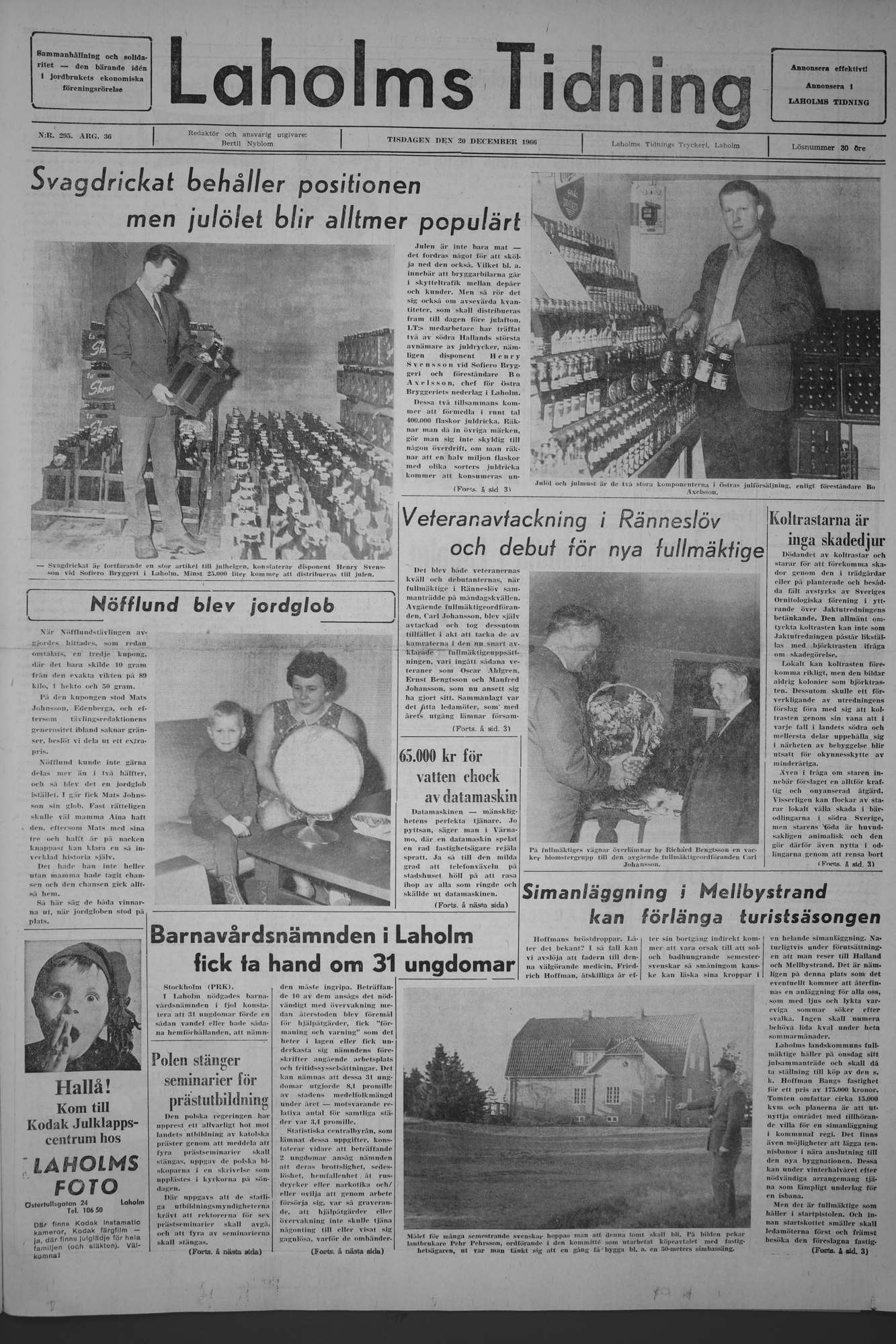Laholms Tidning Tisdag 20 december 1966, sida 1