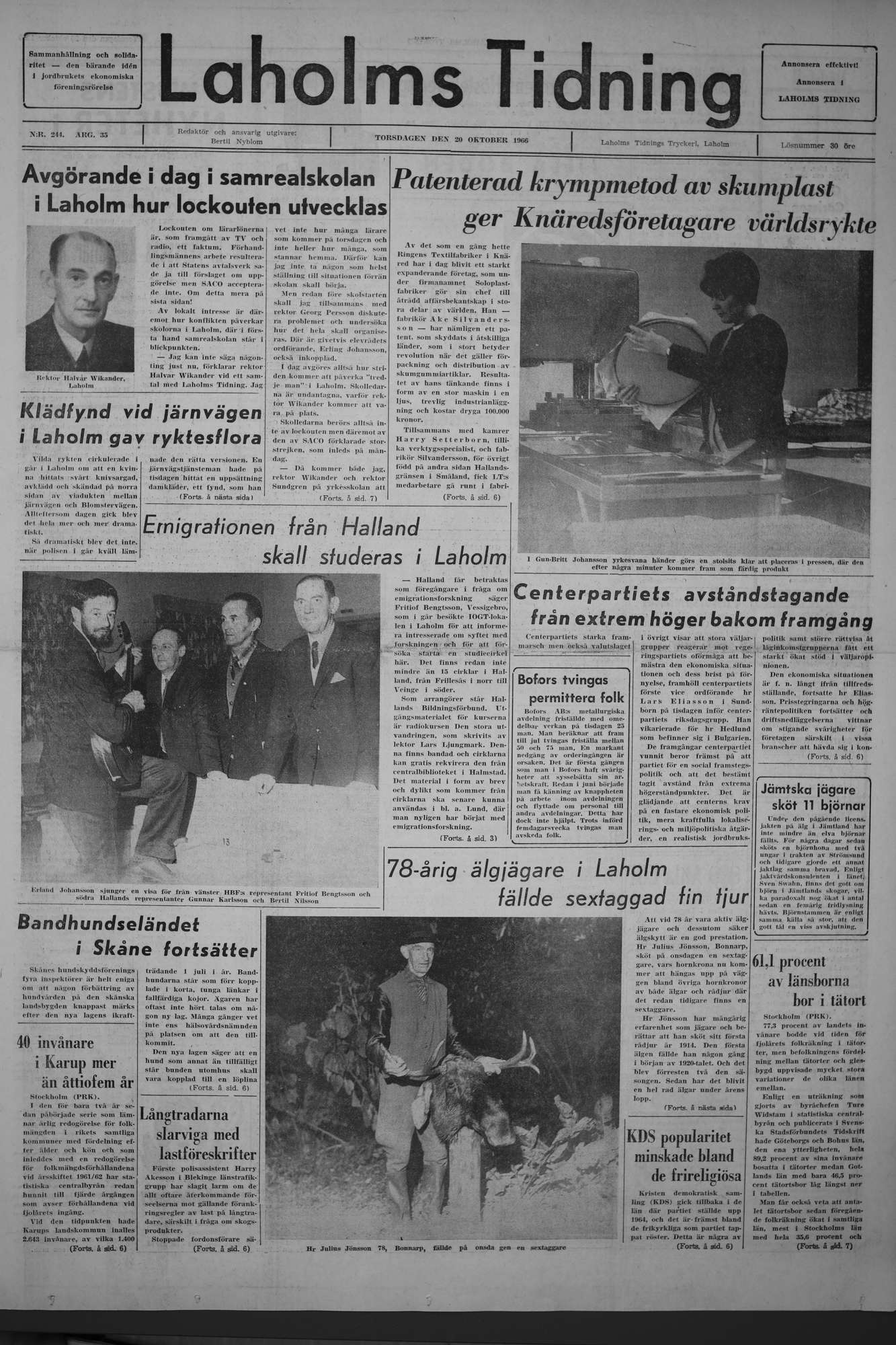 Laholms Tidning Torsdag 20 oktober 1966, sida 1