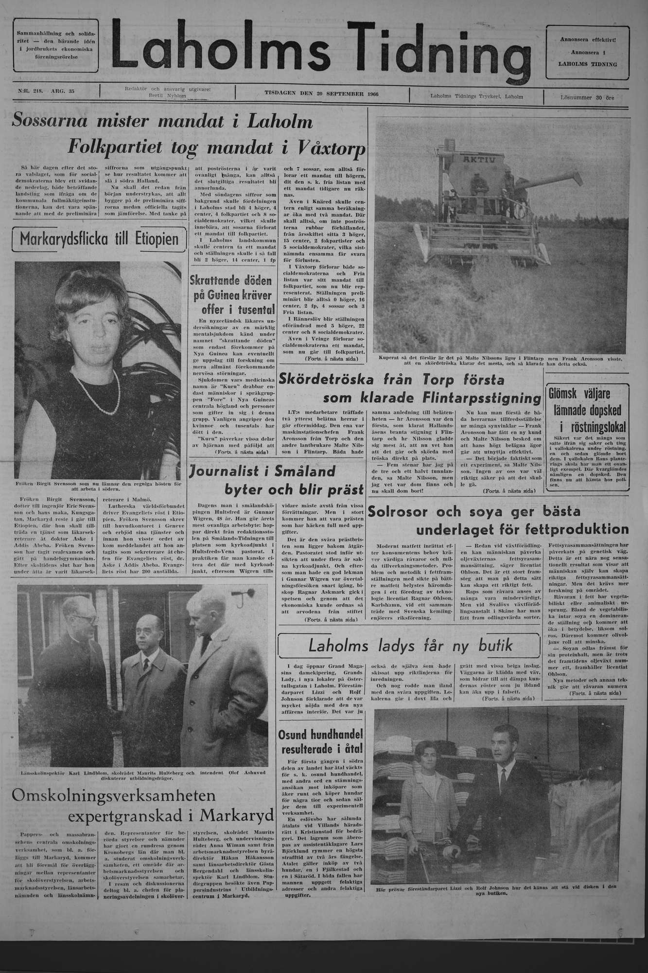 Laholms Tidning Tisdag 20 september 1966, sida 1