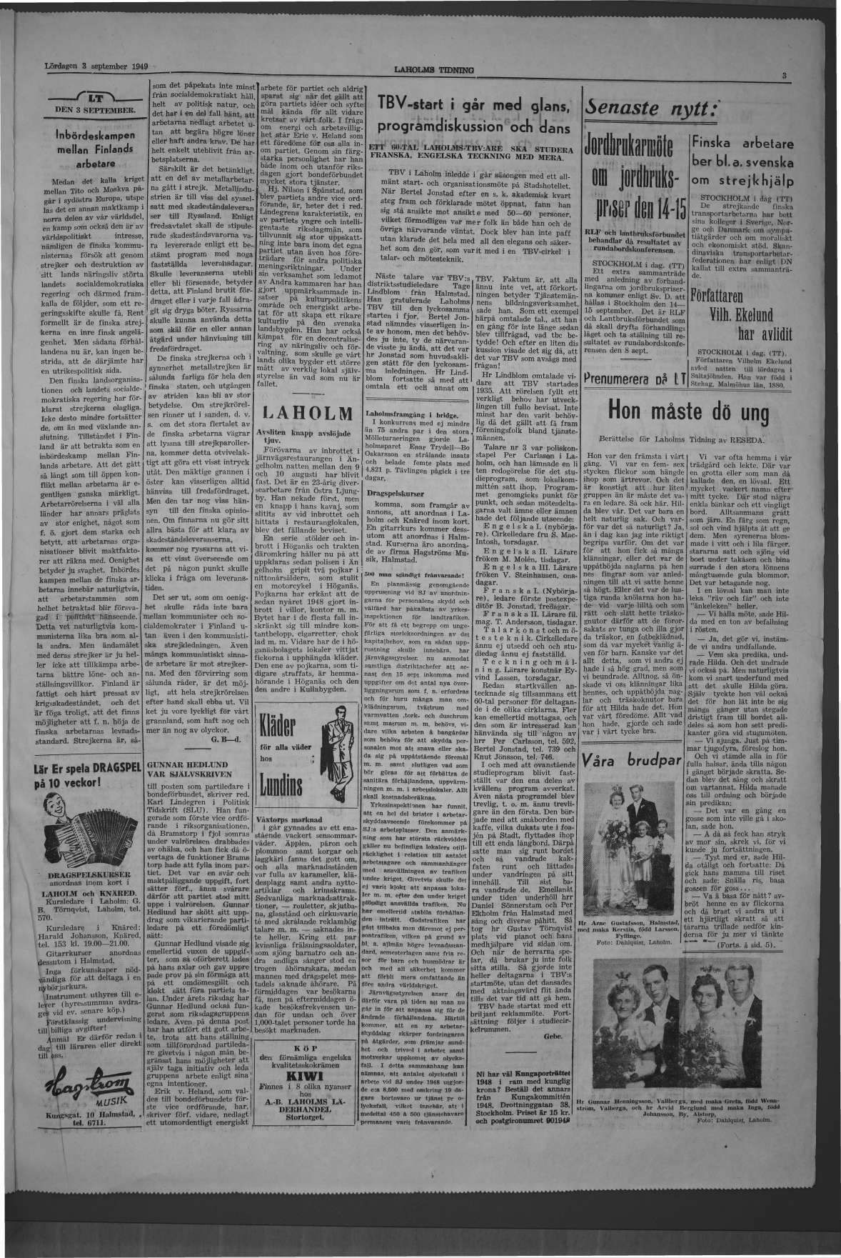 Laholms Tidning Lördag 3 september 1949, sida 3