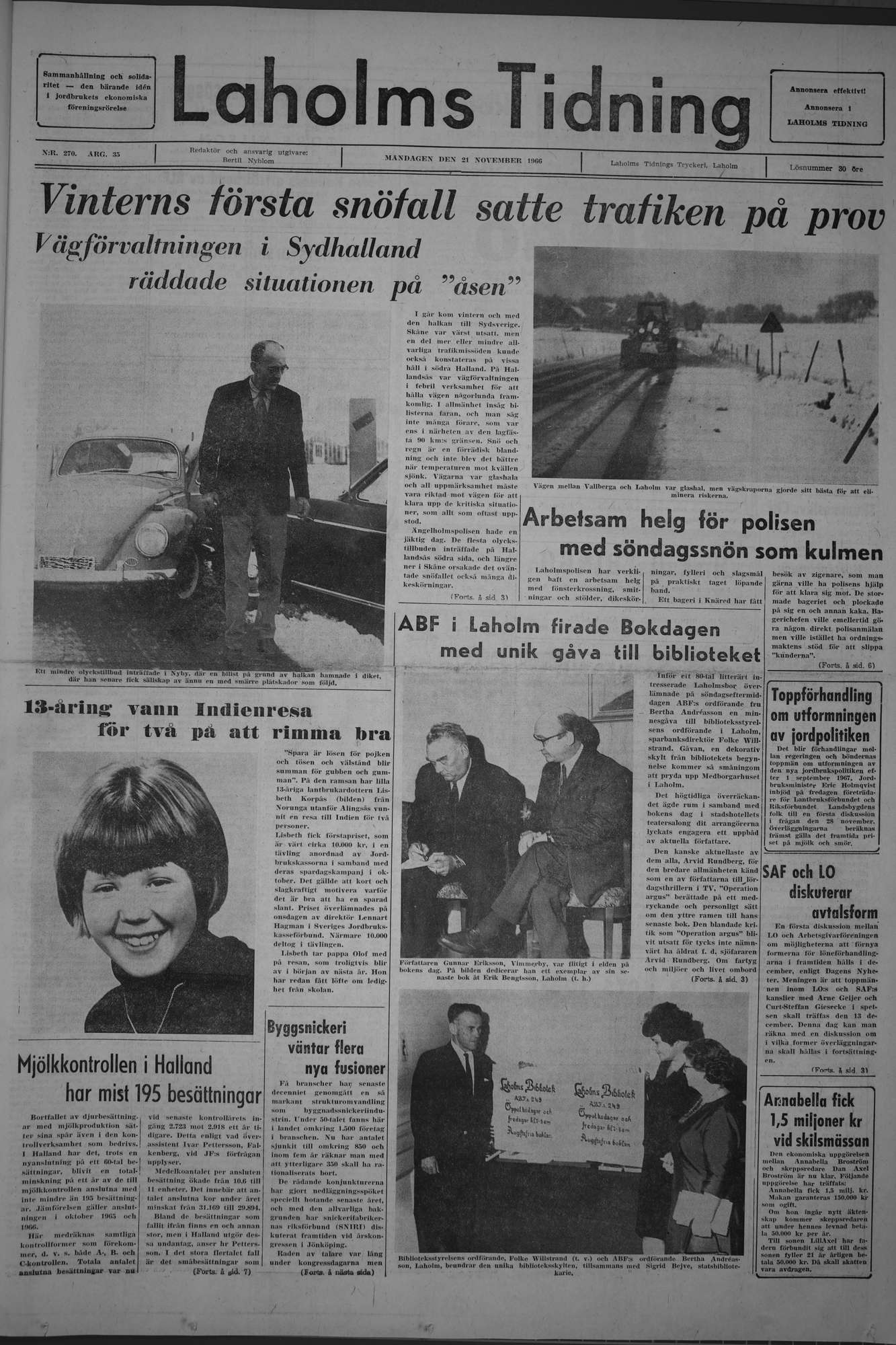 Laholms Tidning Måndag 21 november 1966, sida 1
