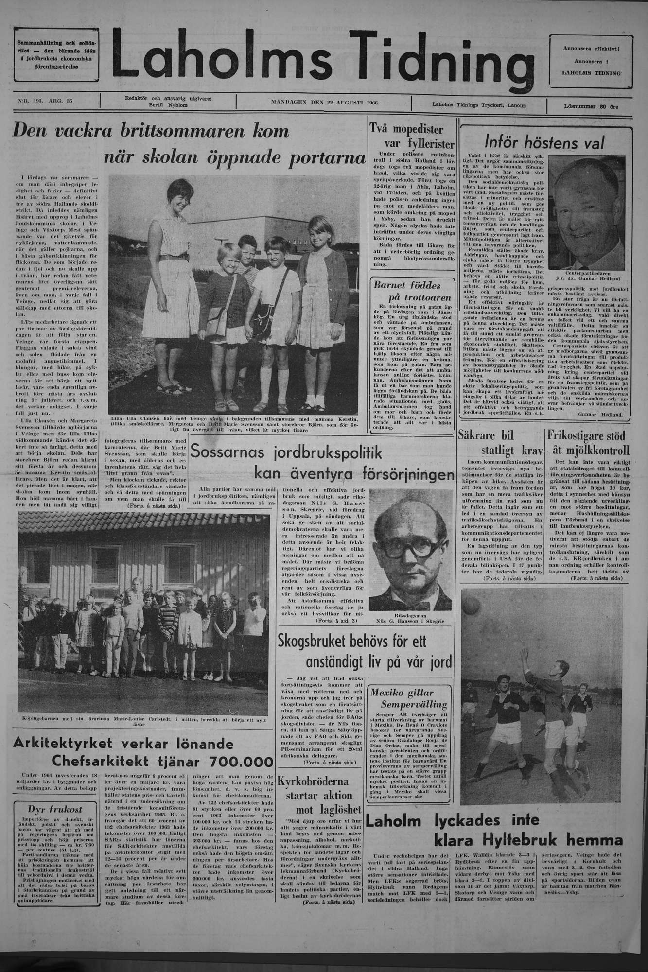 Laholms Tidning Måndag 22 augusti 1966, sida 1