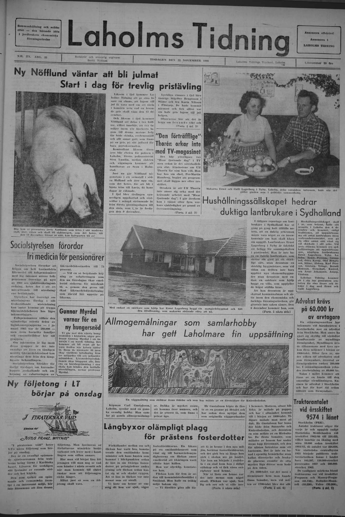 Laholms Tidning Tisdag 22 november 1966, sida 1
