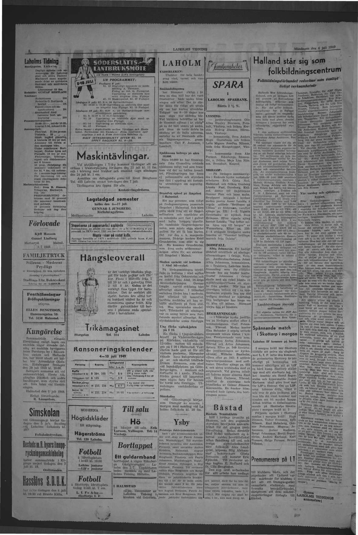 Laholms Tidning Måndag 4 juli 1949, sida 2
