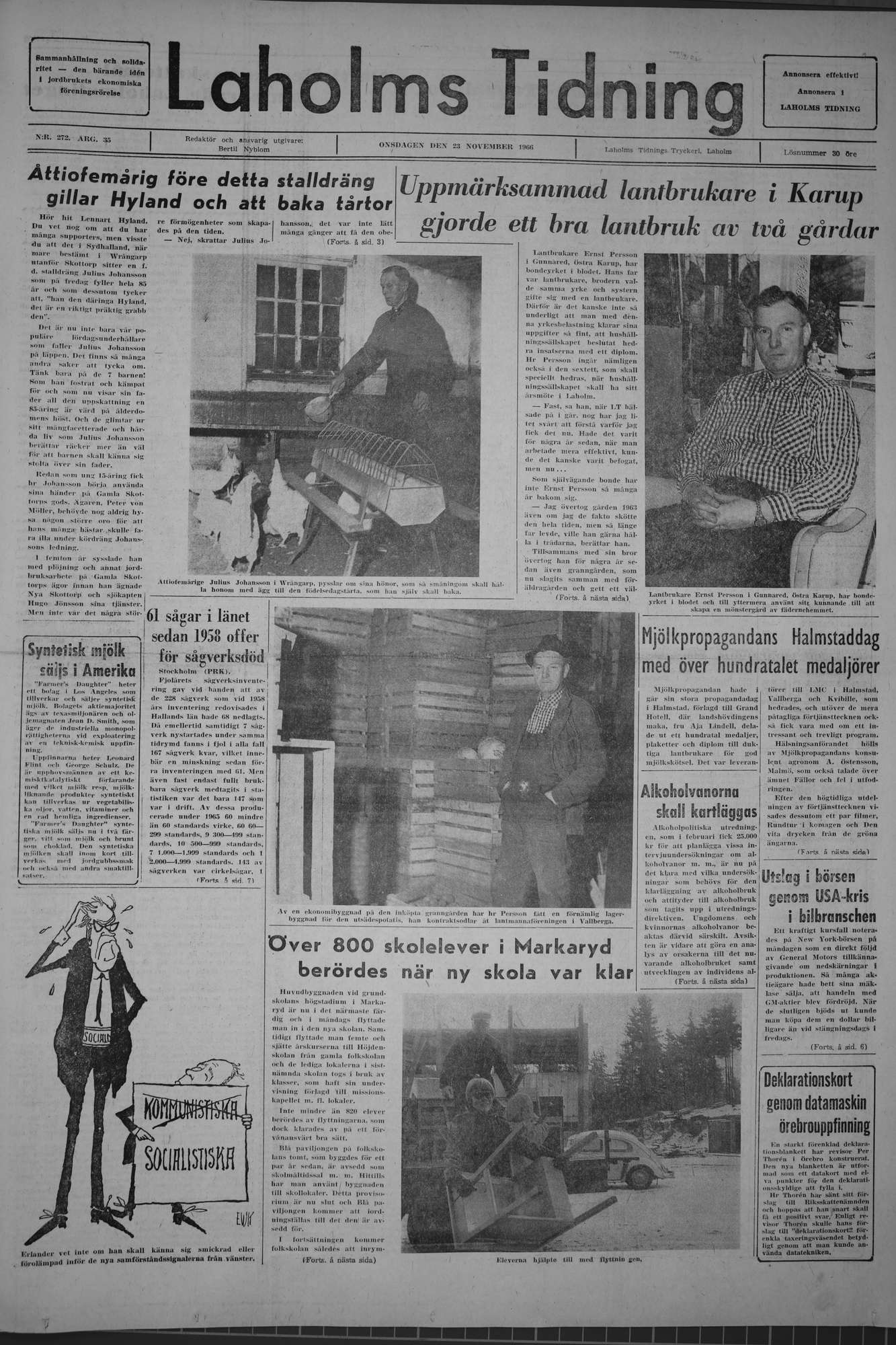 Laholms Tidning Onsdag 23 november 1966, sida 1
