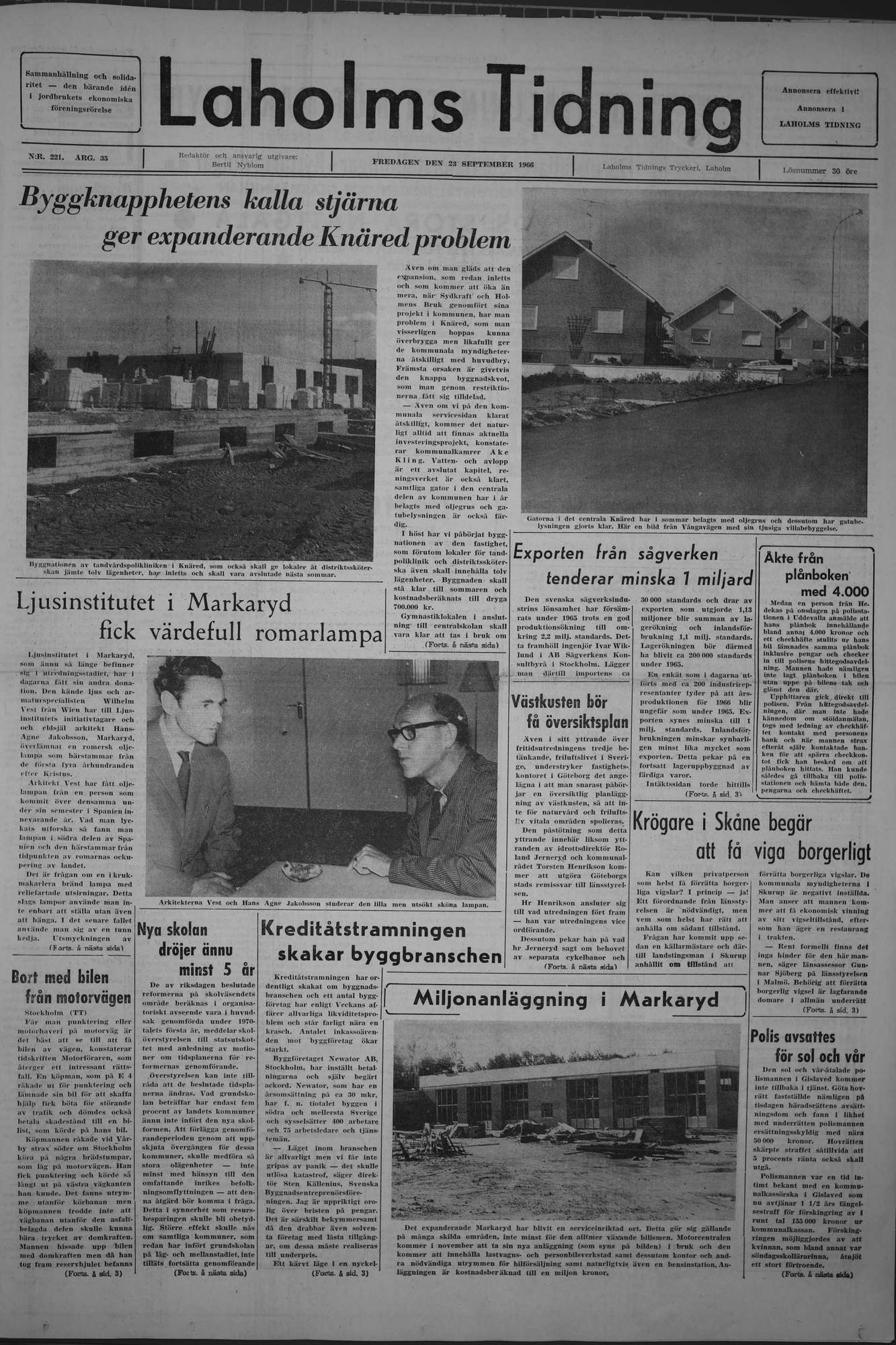 Laholms Tidning Fredag 23 september 1966, sida 1