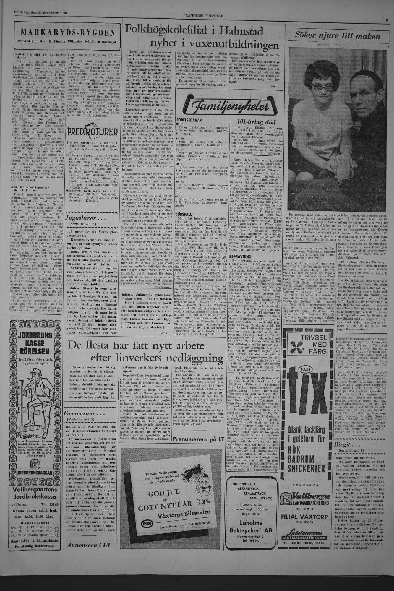 Laholms Tidning Lördag 24 december 1966, sida 3