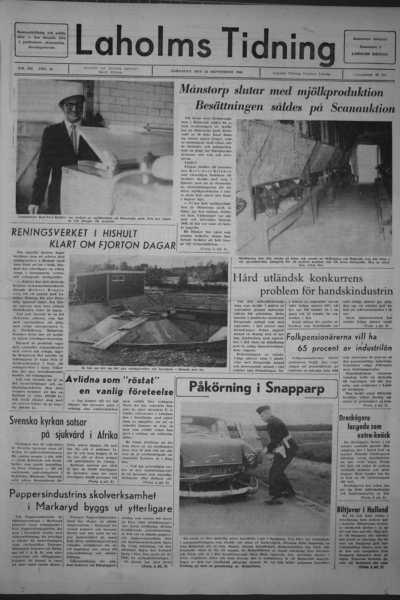 Laholms Tidning Lördag 24 september 1966, sida 1