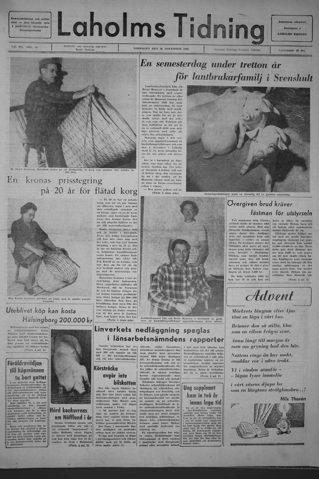 Laholms Tidning Lördag 26 november 1966, sida 1