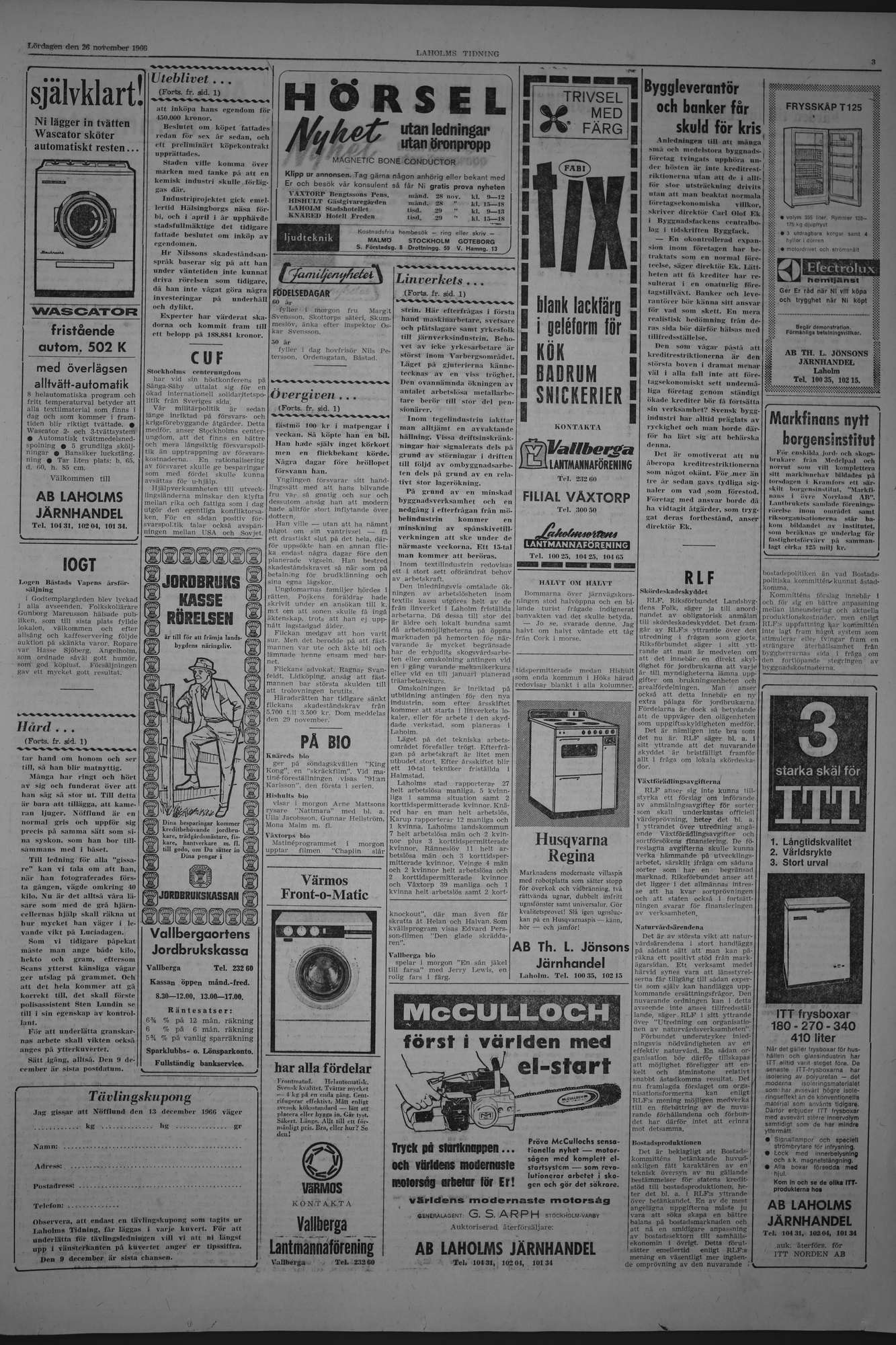 Laholms Tidning Lördag 26 november 1966, sida 3