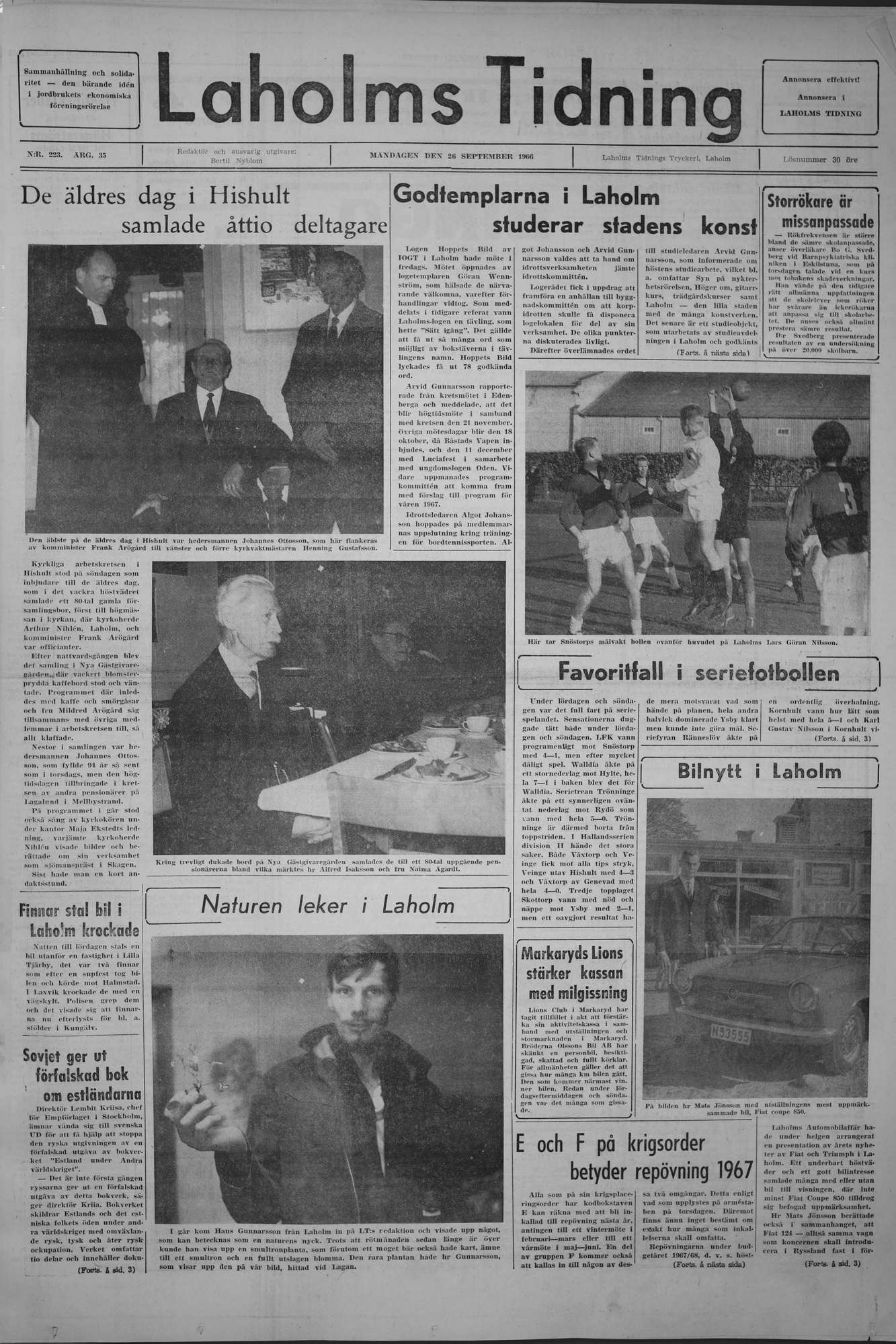 Laholms Tidning Måndag 26 september 1966, sida 1