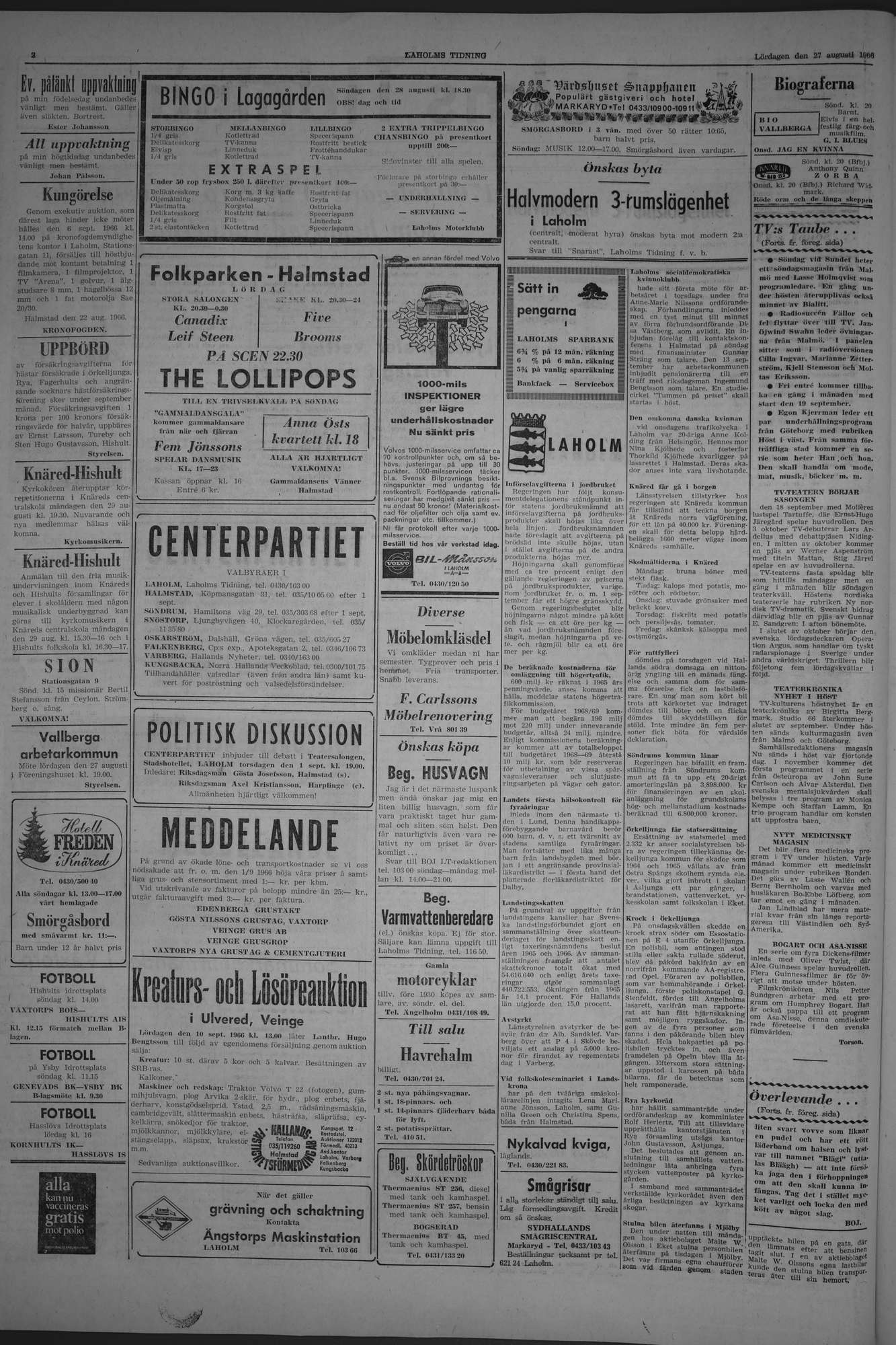 Laholms Tidning Lördag 27 augusti 1966, sida 2