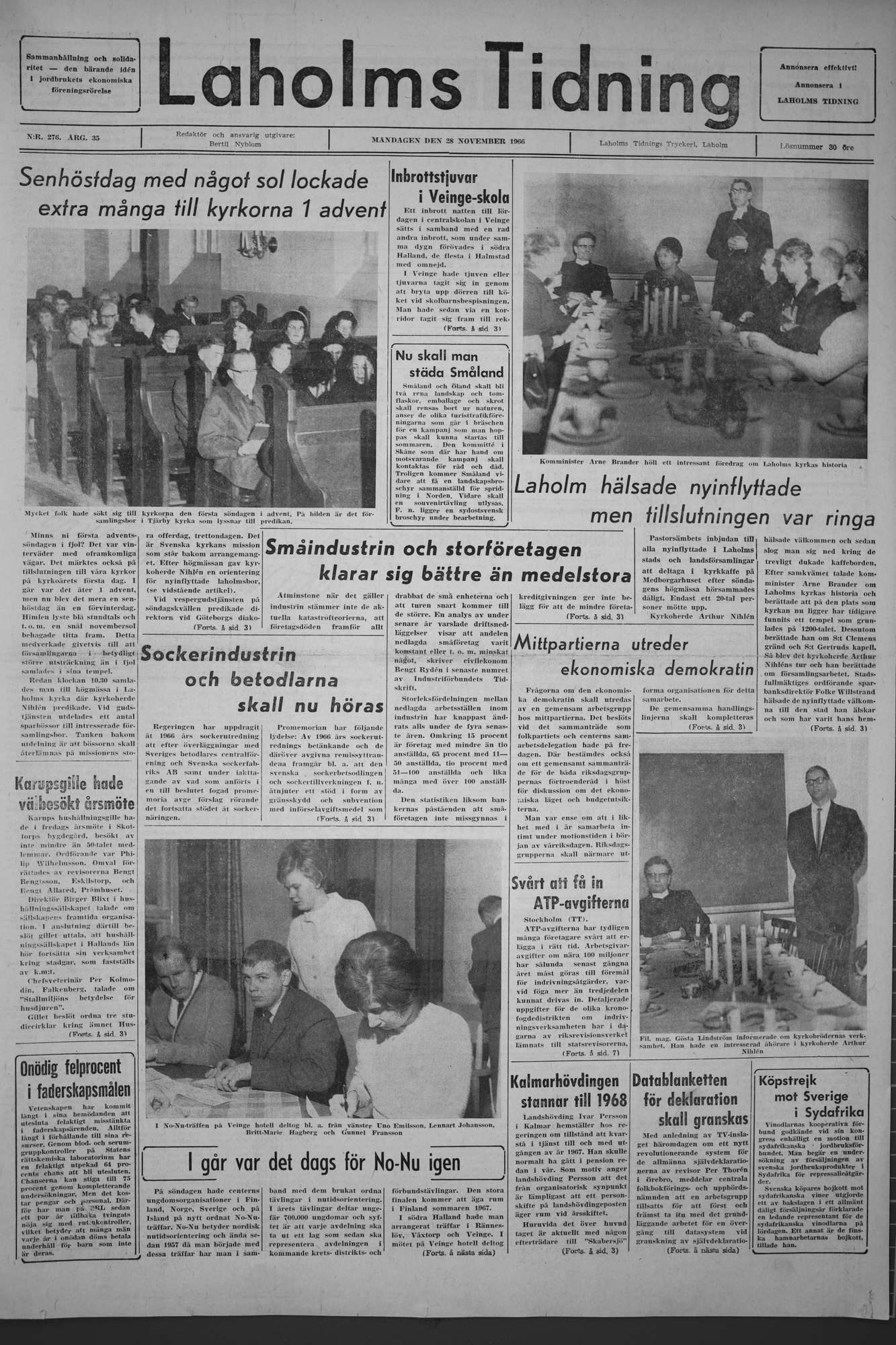 Laholms Tidning Måndag 28 november 1966, sida 1