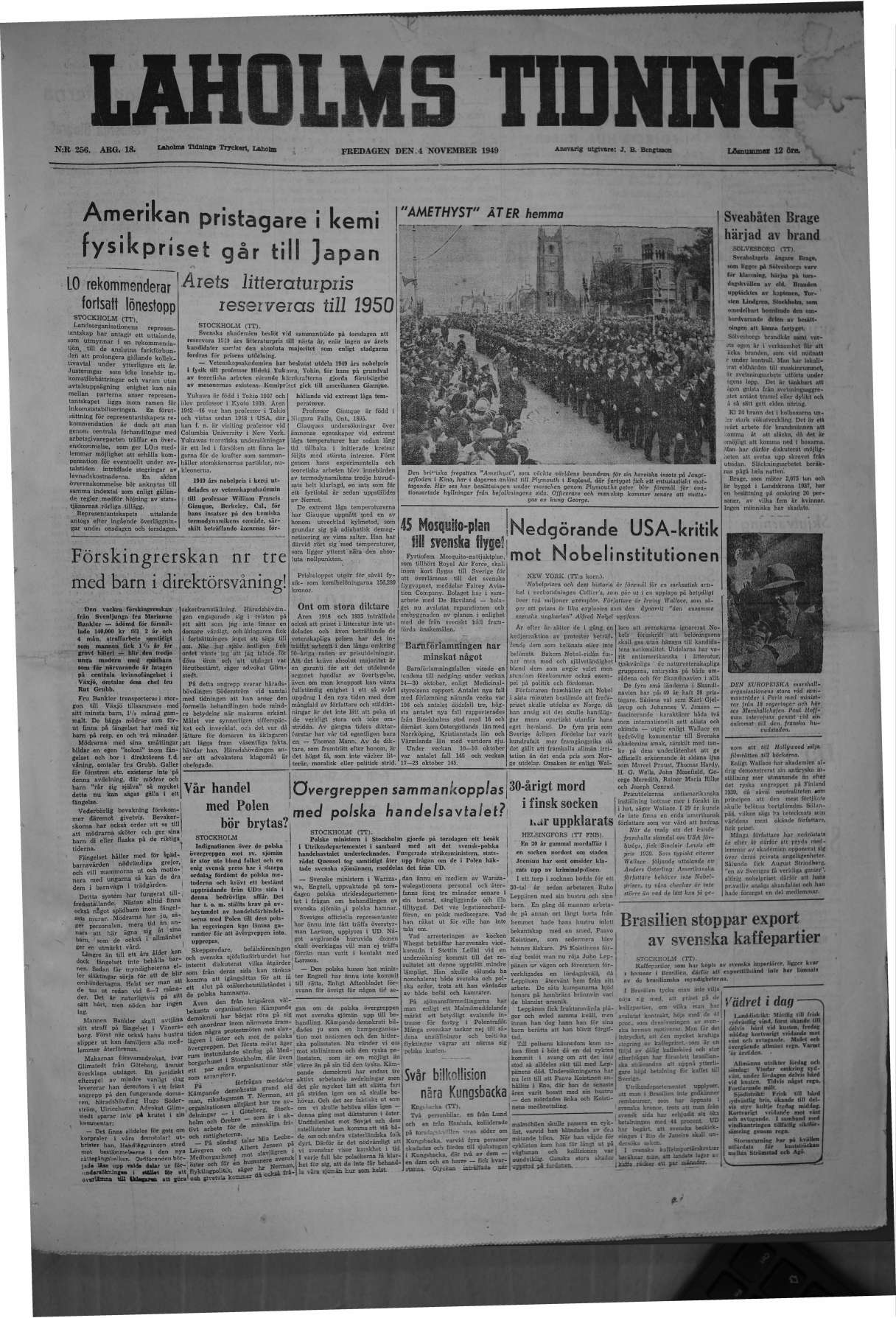 Laholms Tidning Fredag 4 november 1949, sida 1