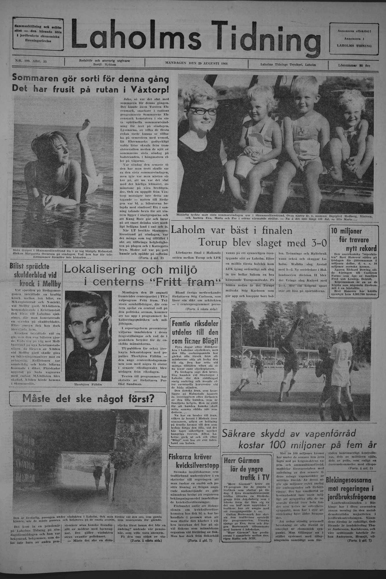 Laholms Tidning Måndag 29 augusti 1966, sida 1