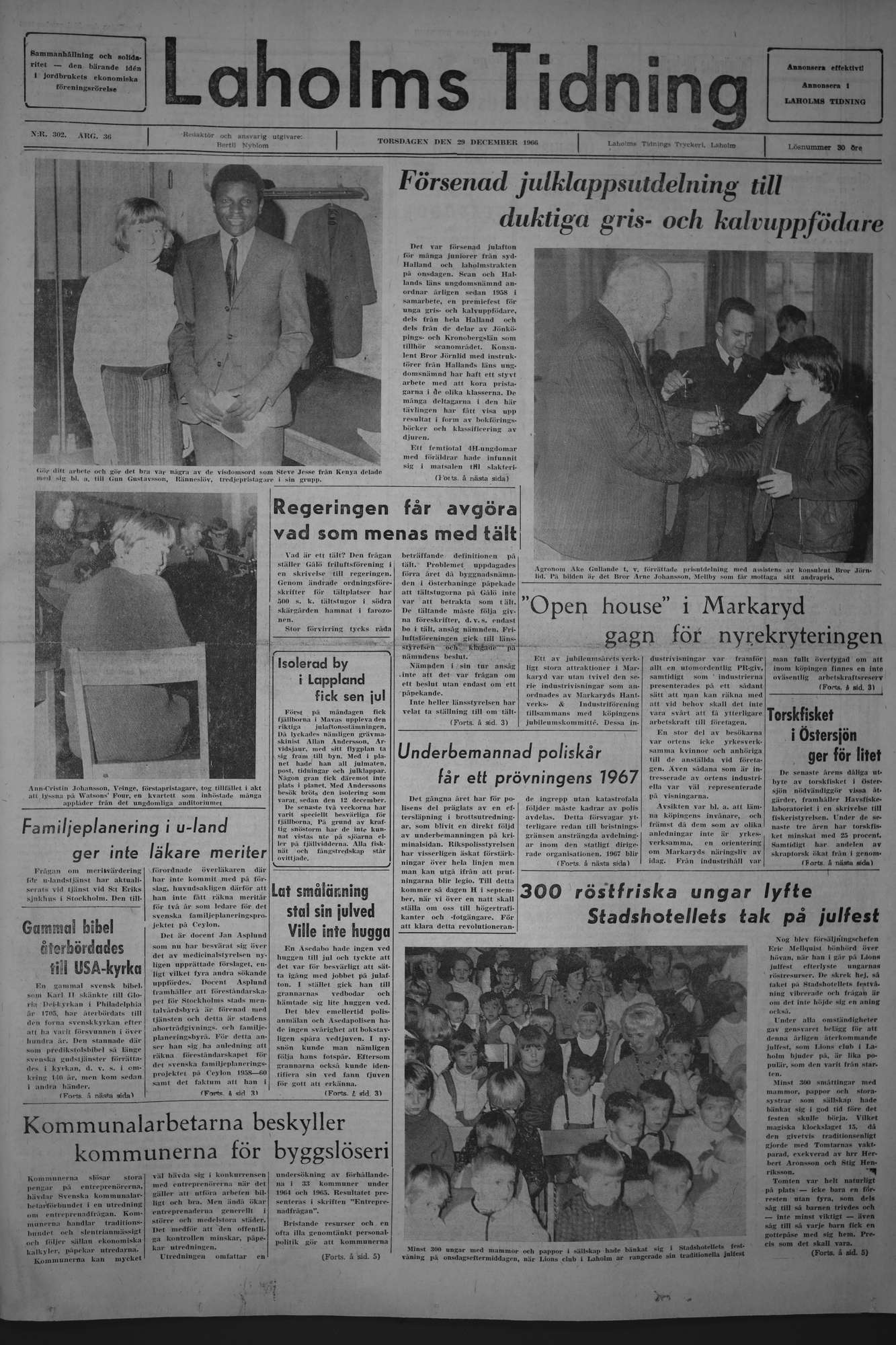 Laholms Tidning Torsdag 29 december 1966, sida 1