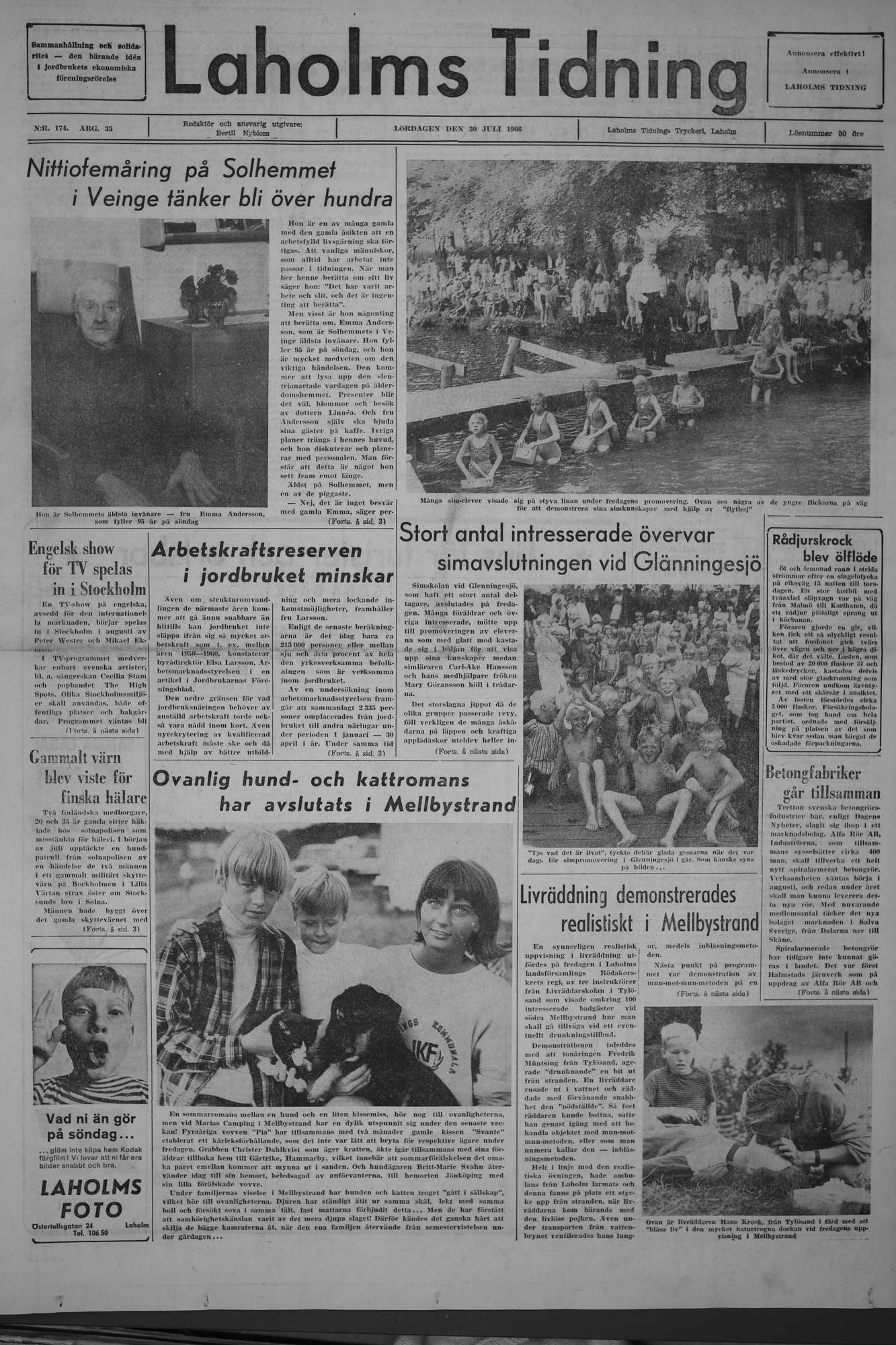 Laholms Tidning Lördag 30 juli 1966, sida 1
