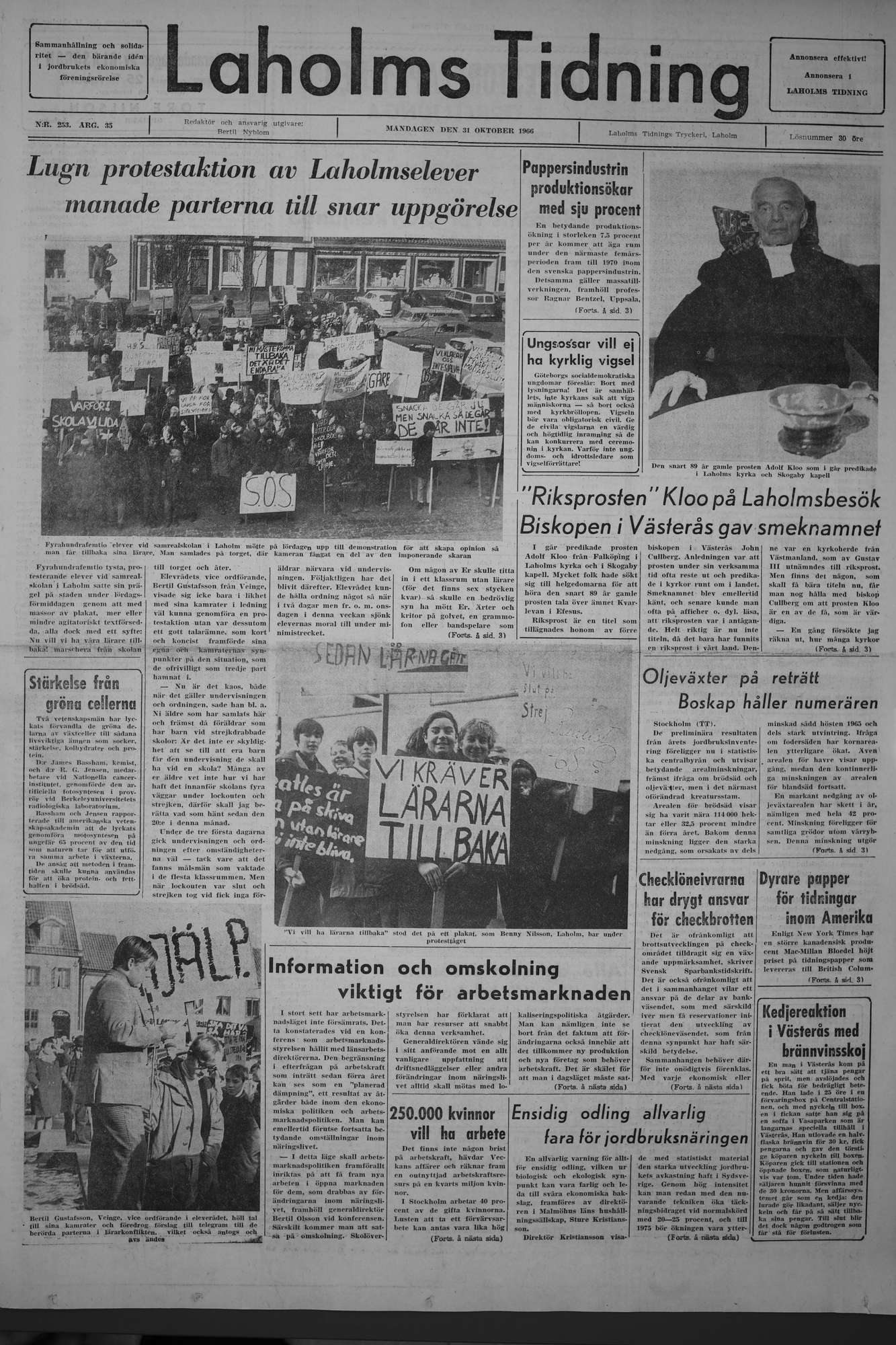 Laholms Tidning Måndag 31 oktober 1966, sida 1