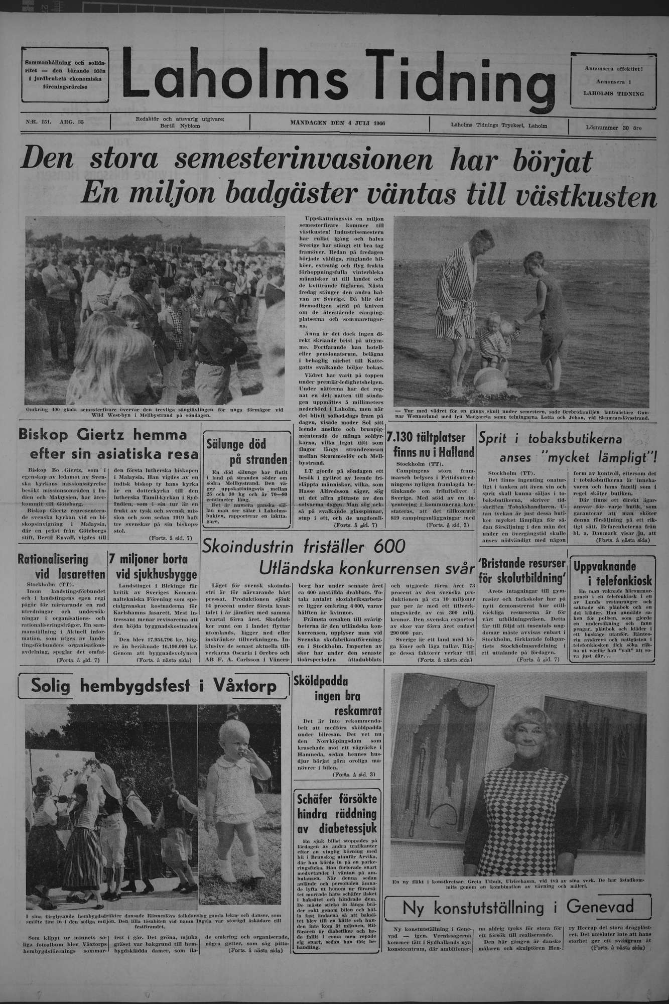 Laholms Tidning Måndag 4 juli 1966, sida 1