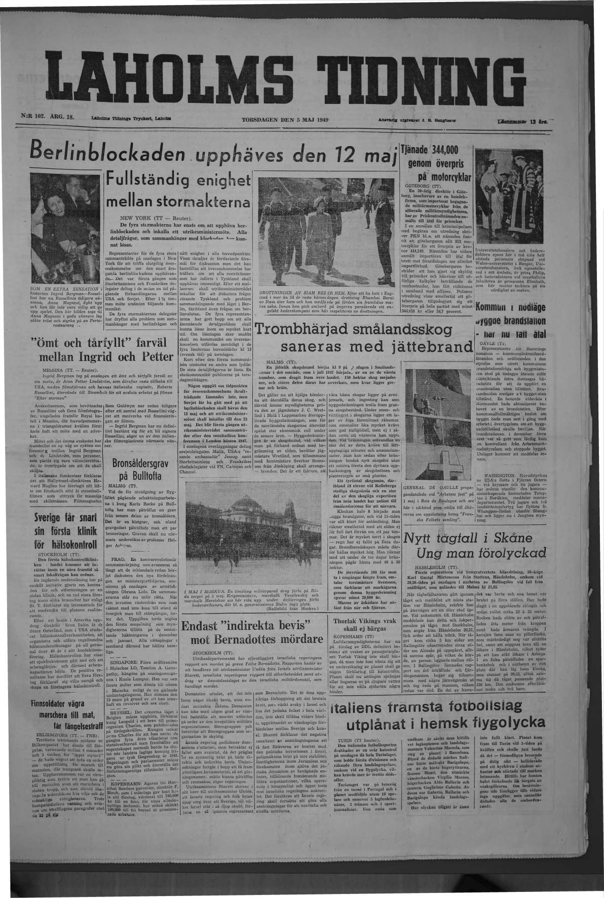 Laholms Tidning Torsdag 5 maj 1949, sida 1