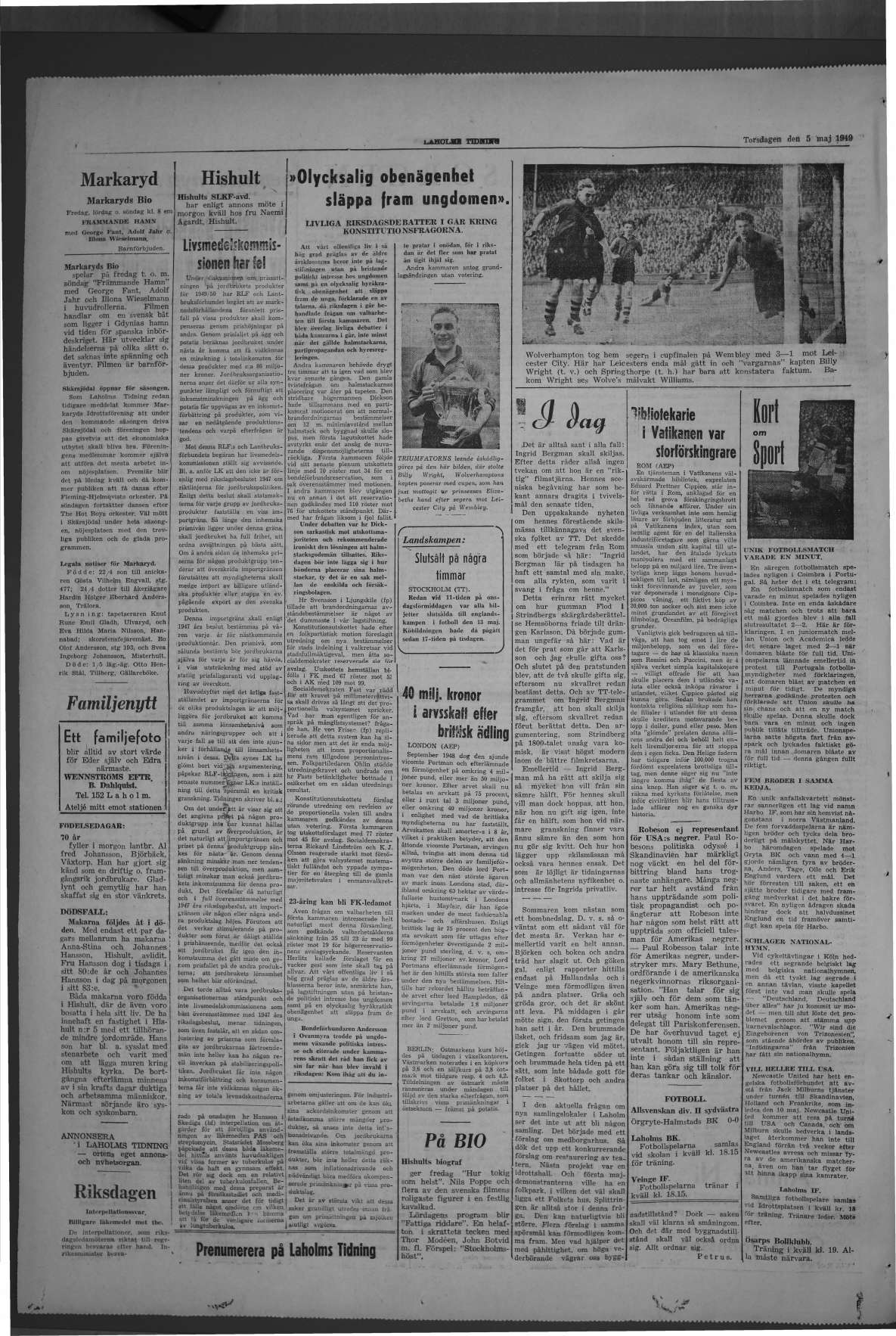 Laholms Tidning Torsdag 5 maj 1949, sida 4