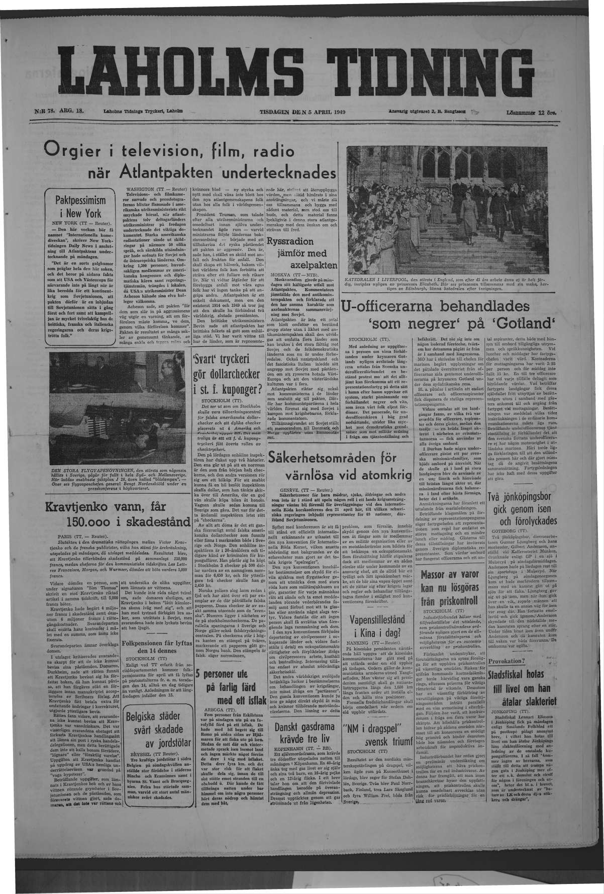 Laholms Tidning Tisdag 5 april 1949, sida 1